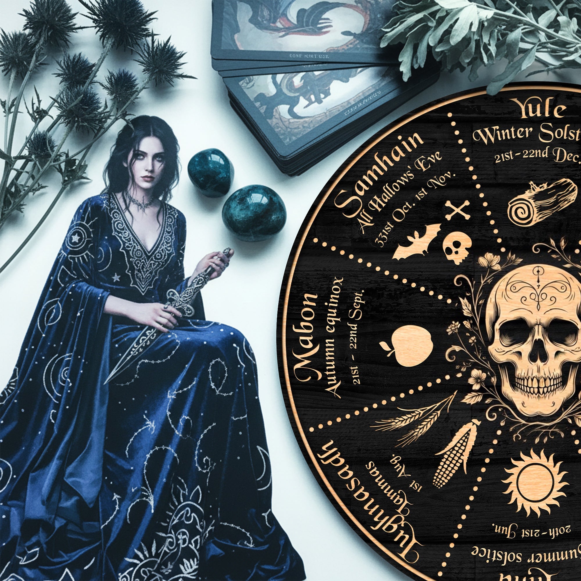 Skull Symbol Wheel of the Year Wooden Gothic Wall Art