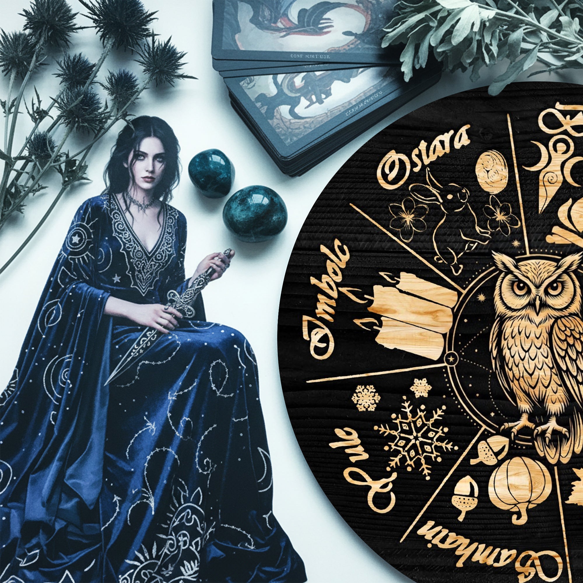 Owl Seasonal Wheel of the Year Wooden Pagan Wall Decor