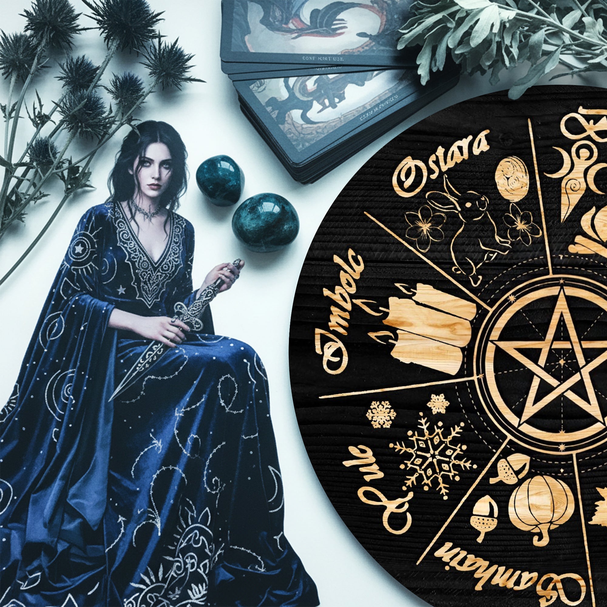 Pentagram Seasonal Wheel of the Year Wooden Wiccan Decor