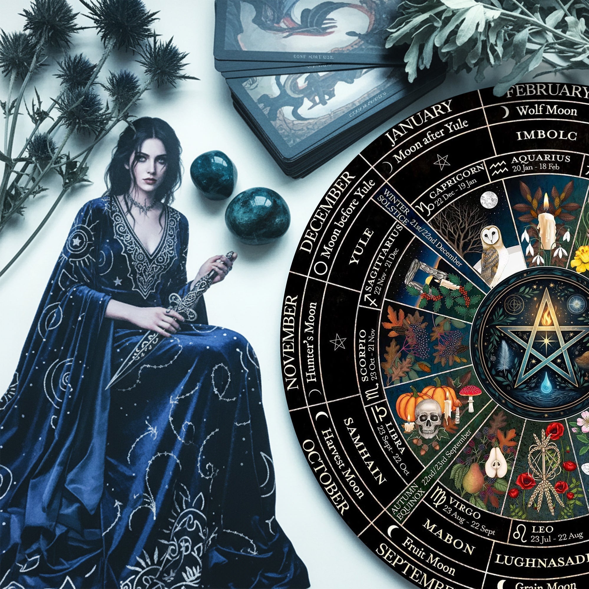 Pentagram Seasonal Wheel of the Year Wooden Wiccan Wall Art