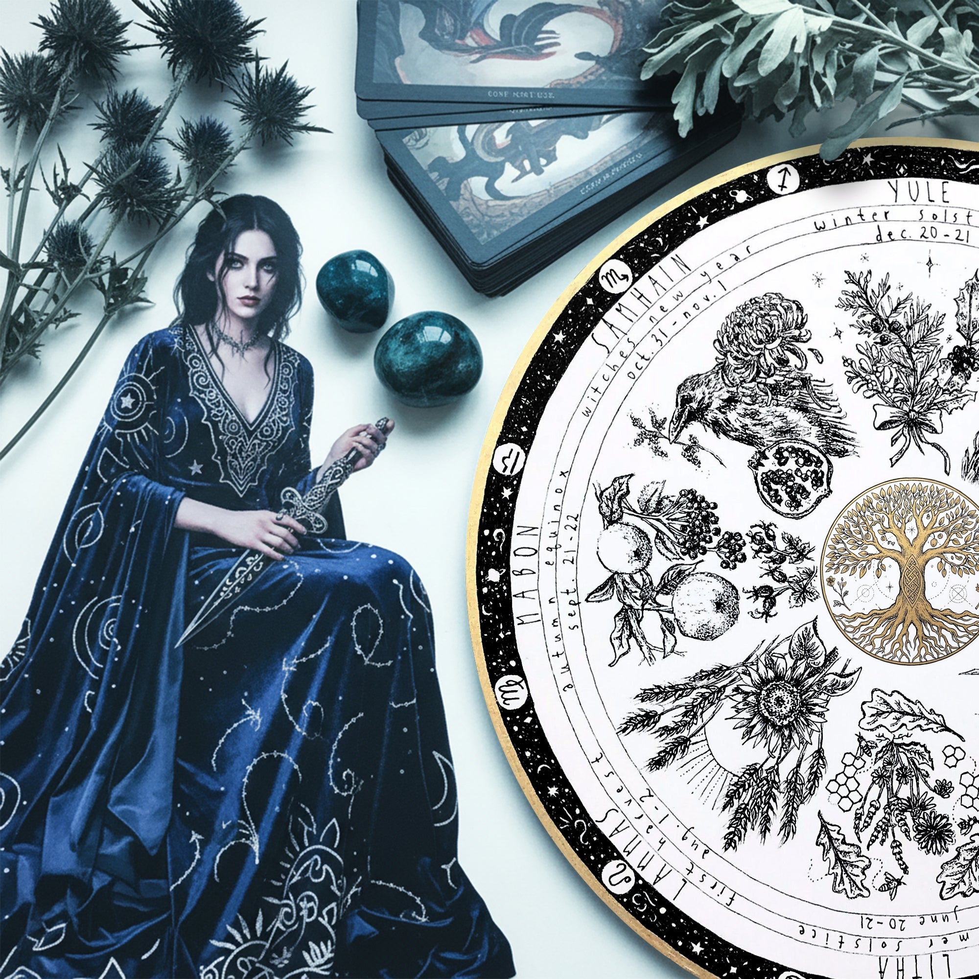 Vintage Botanical Wheel of the Year Wooden Wall Art