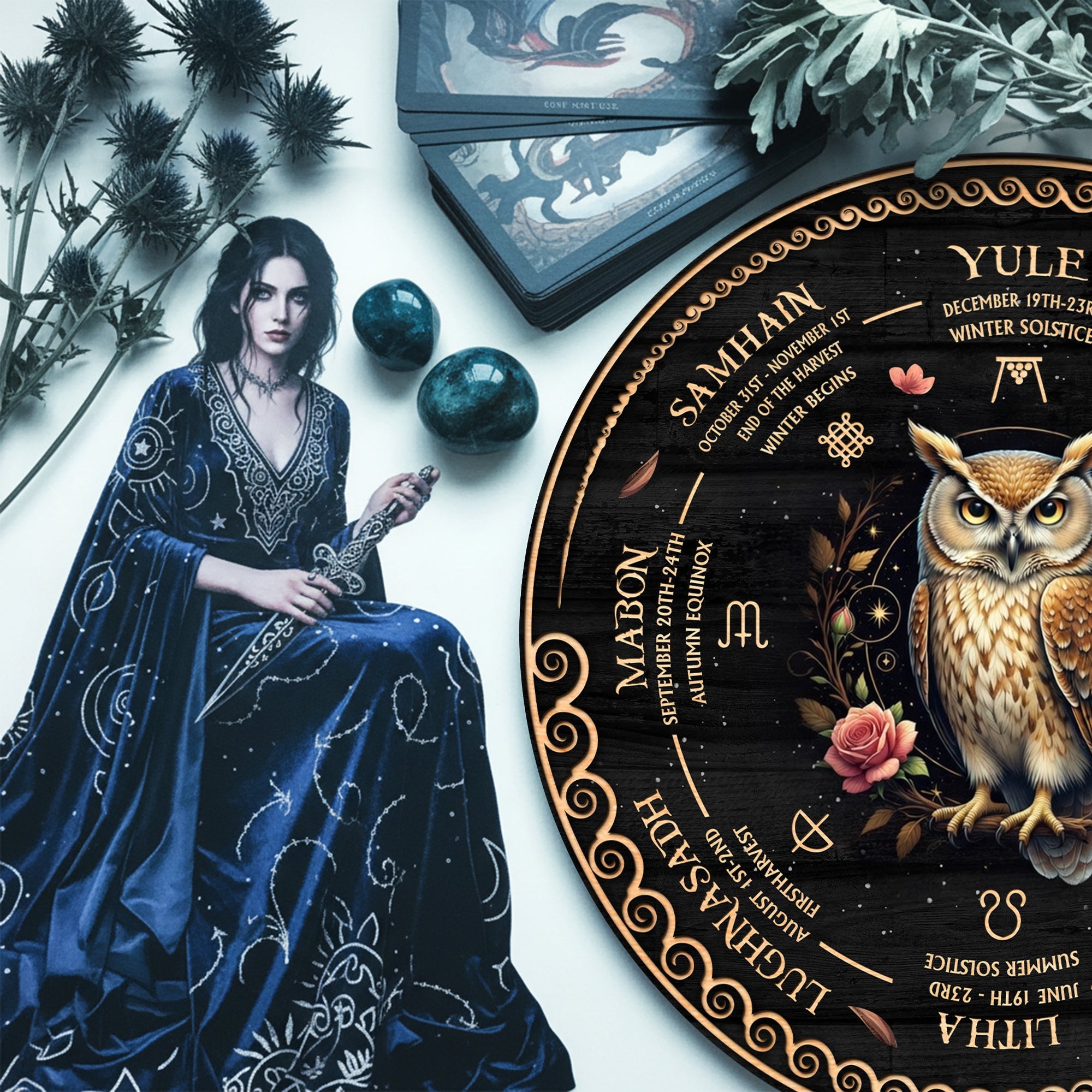Owl Floral Wheel of the Year Wooden Pagan Wall Decor