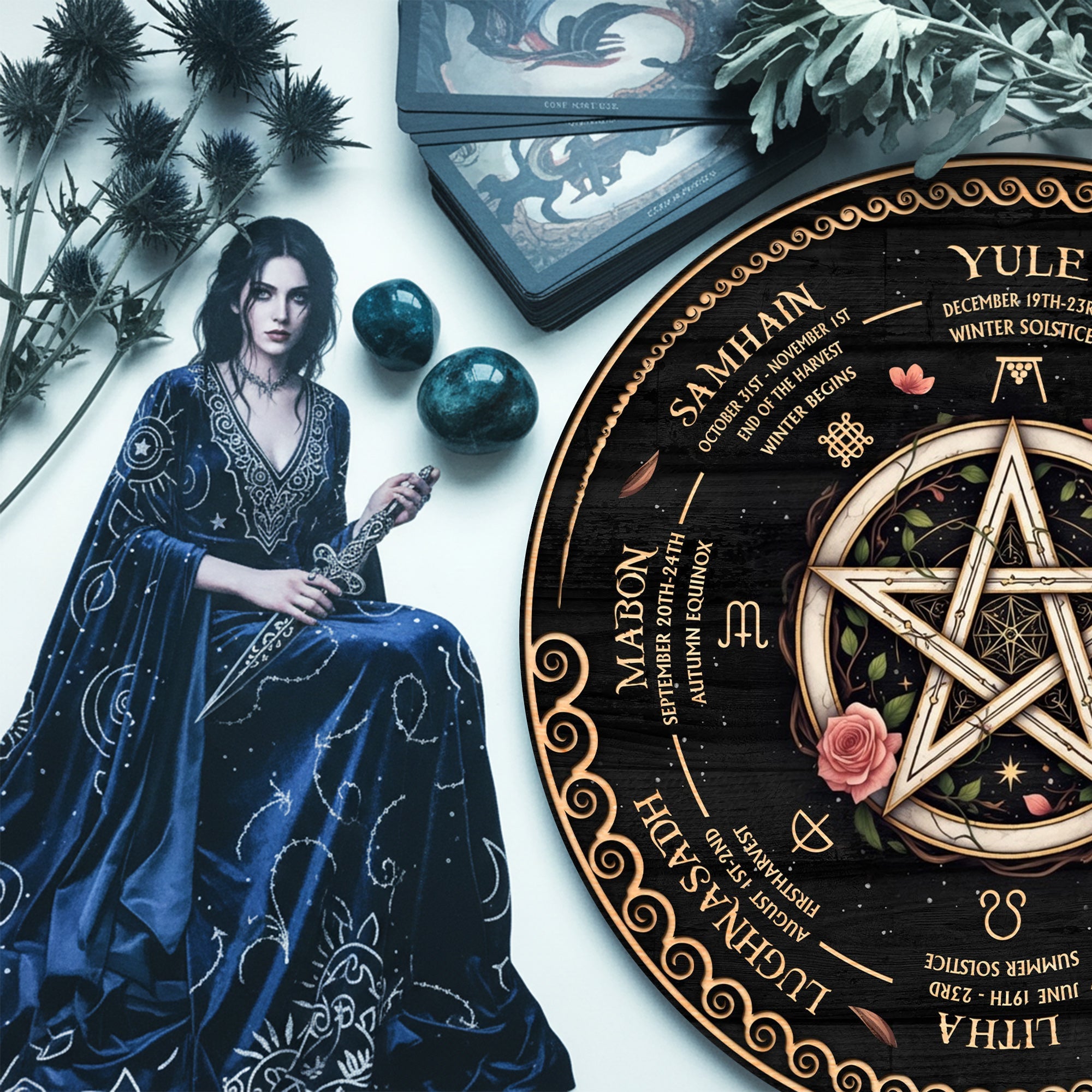 Pentagram Floral Wheel of the Year Wooden Wiccan Decor