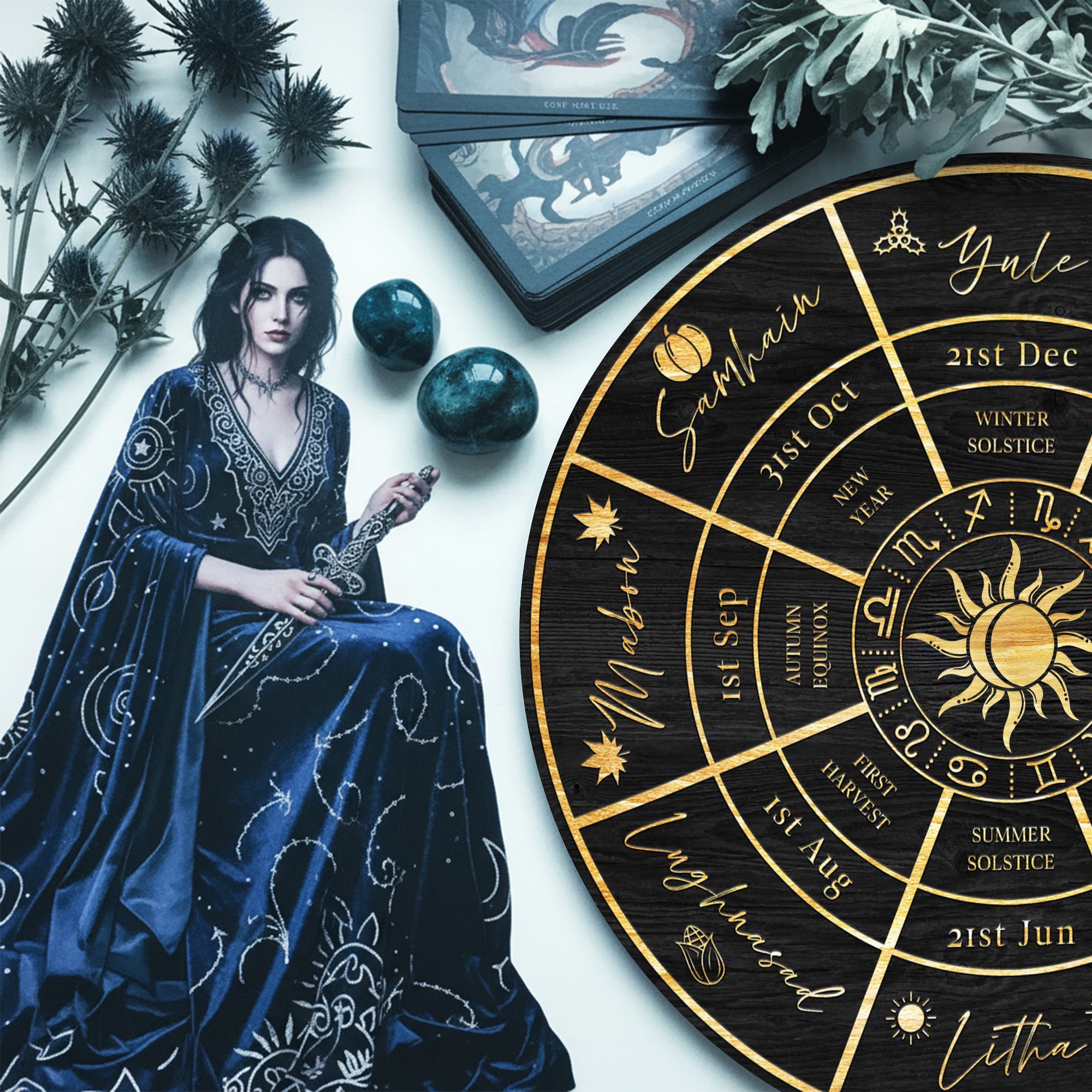 Sun Wheel of the Year Wooden Pagan Spiritual Wall Decor