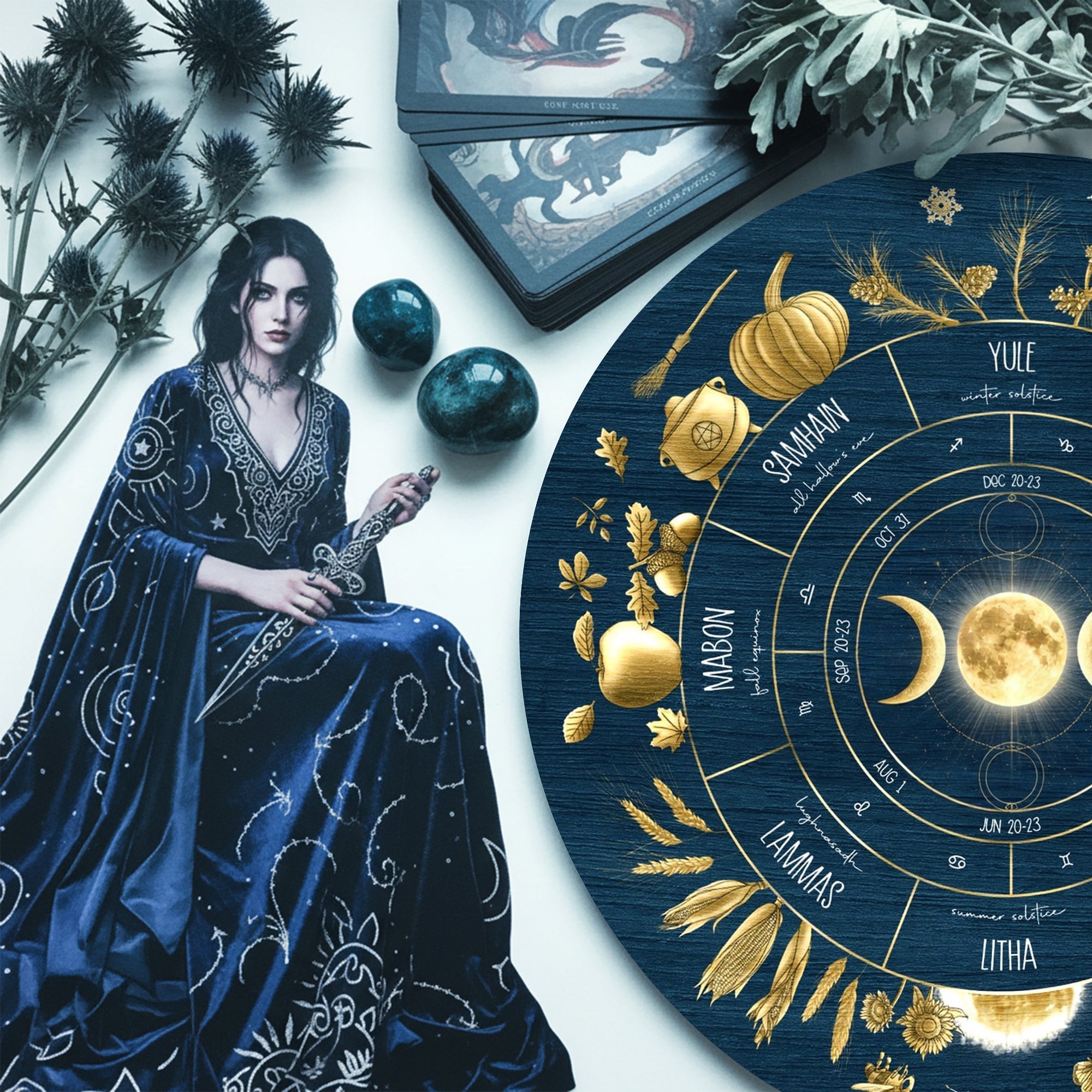 Blue Gold Wheel of the Year Wooden Moon Pagan Wall Art