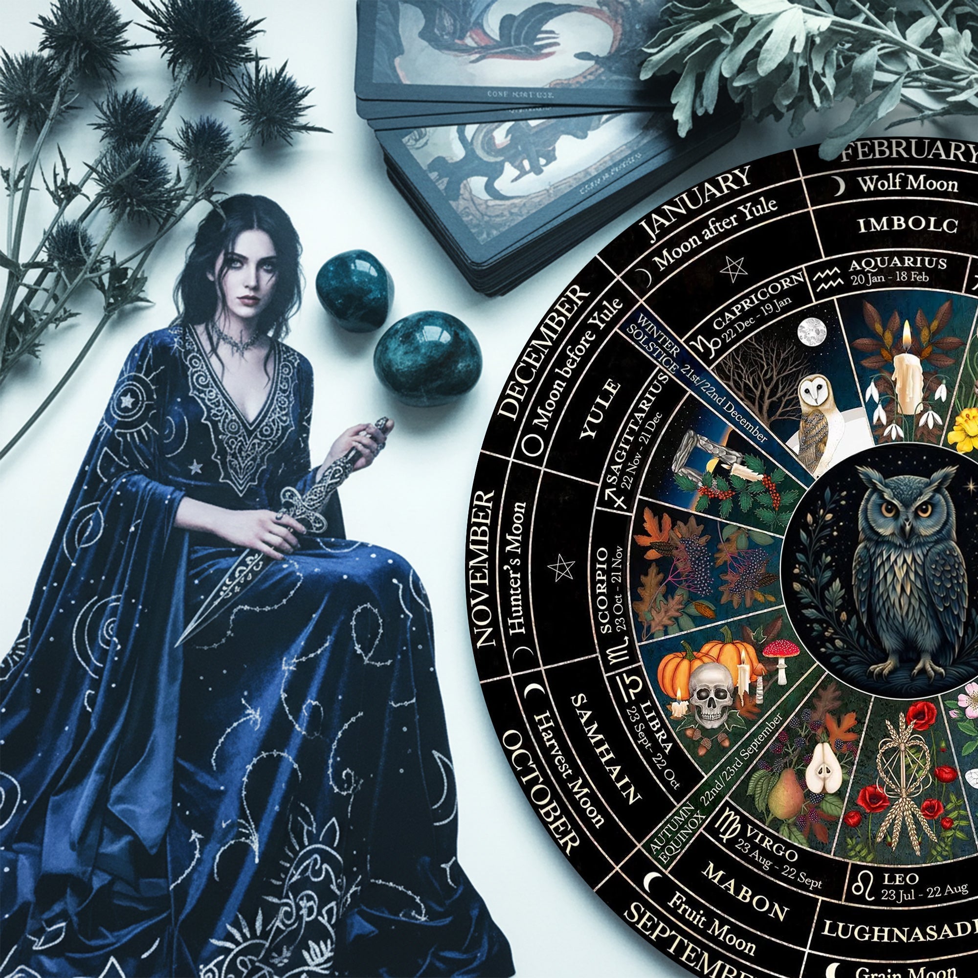 Owl Seasonal Wheel of the Year Wooden Pagan Wall Art