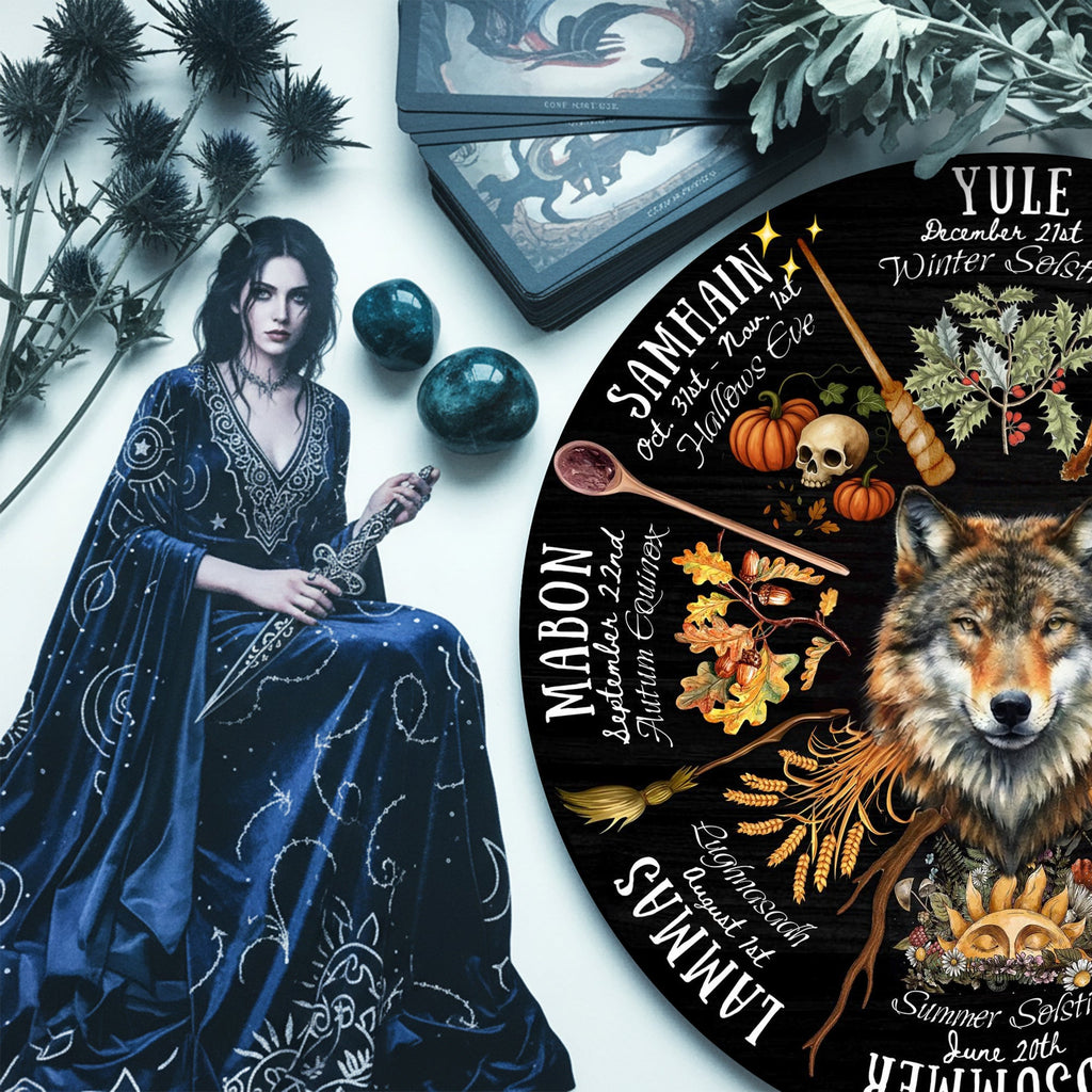 Wolf Dark Seasonal Wheel of the Year Wooden Pagan Art