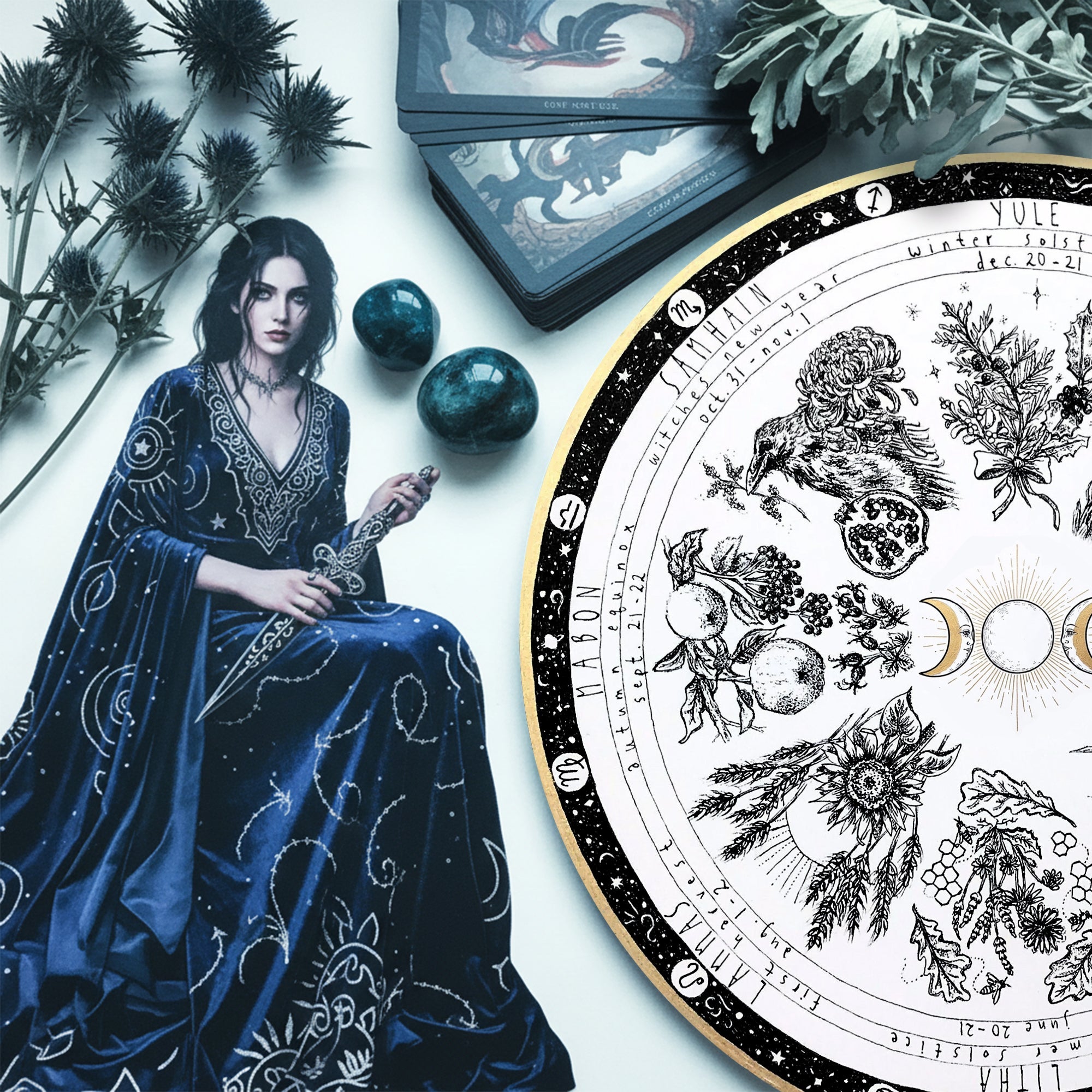 Triple Moon Vintage Wheel of the Year Wooden Decor