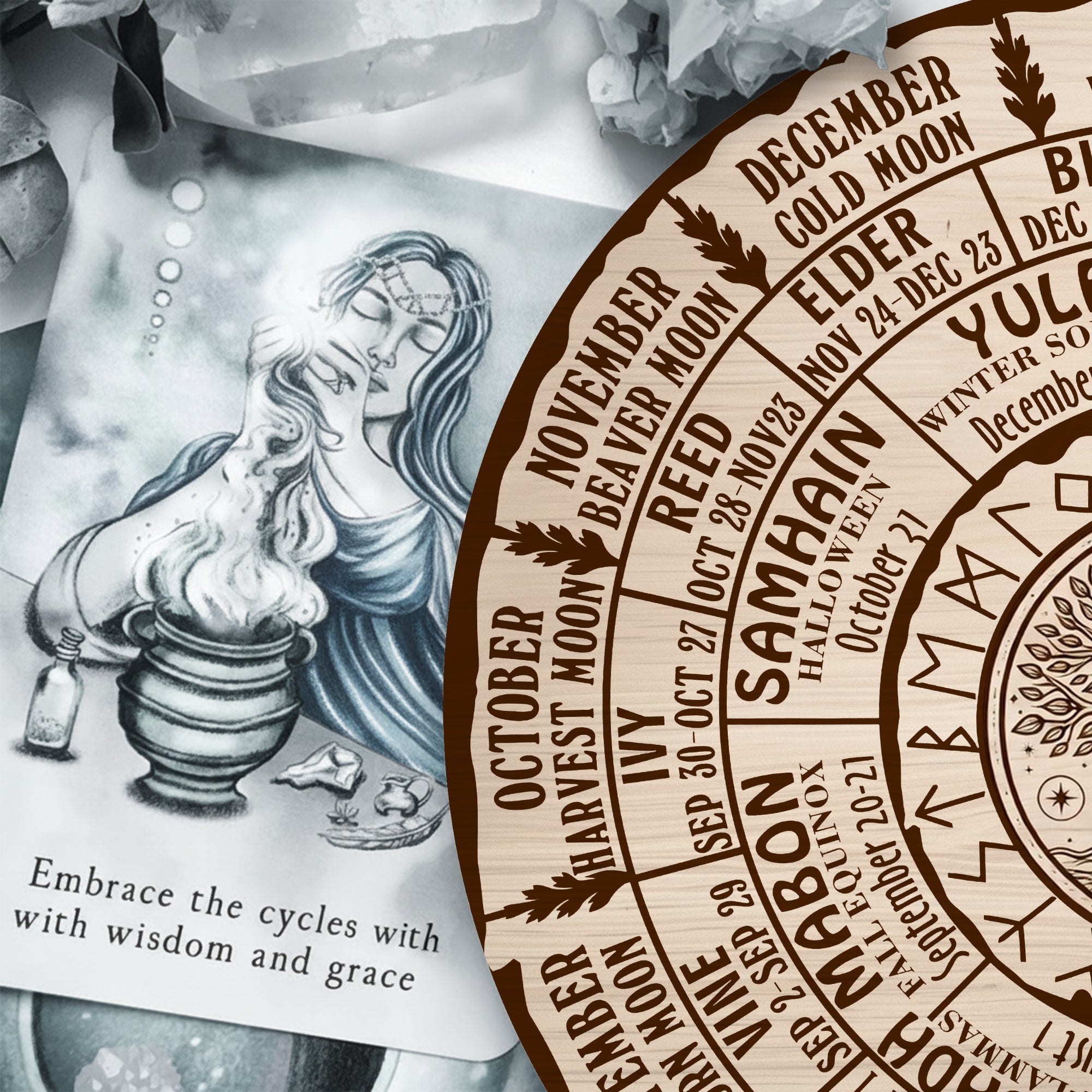 Tree Engraved Wheel of the Year Wooden Wall Decor