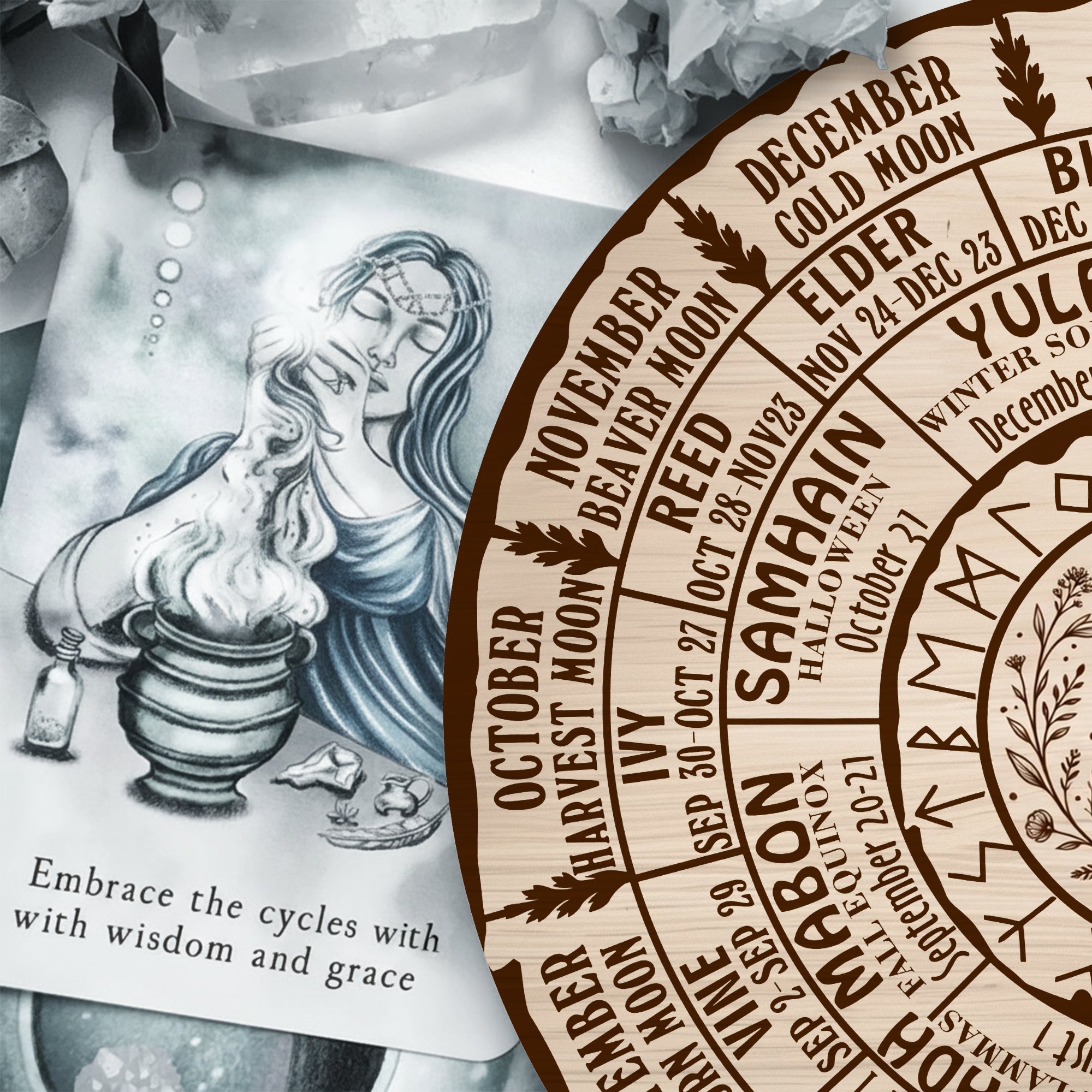 Owl Engraved Wheel of the Year Wooden Pagan Decor