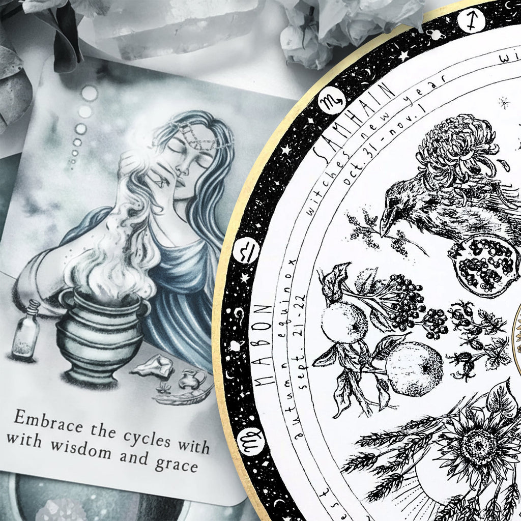 Vintage Botanical Wheel of the Year Wooden Wall Art