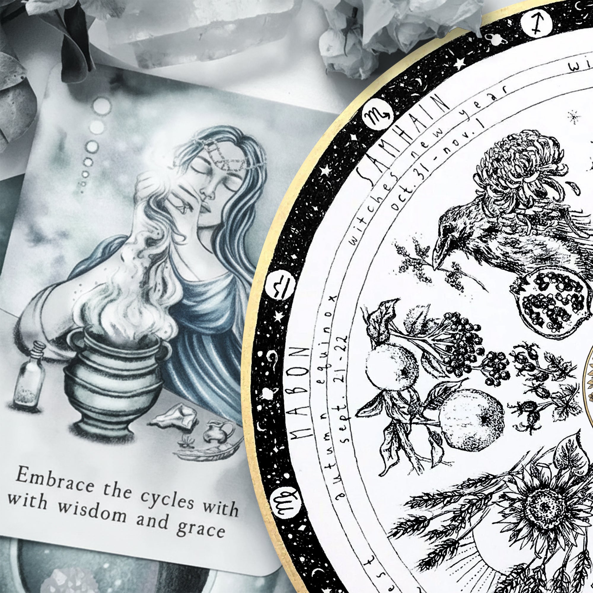 Vintage Botanical Wheel of the Year Wooden Wall Art