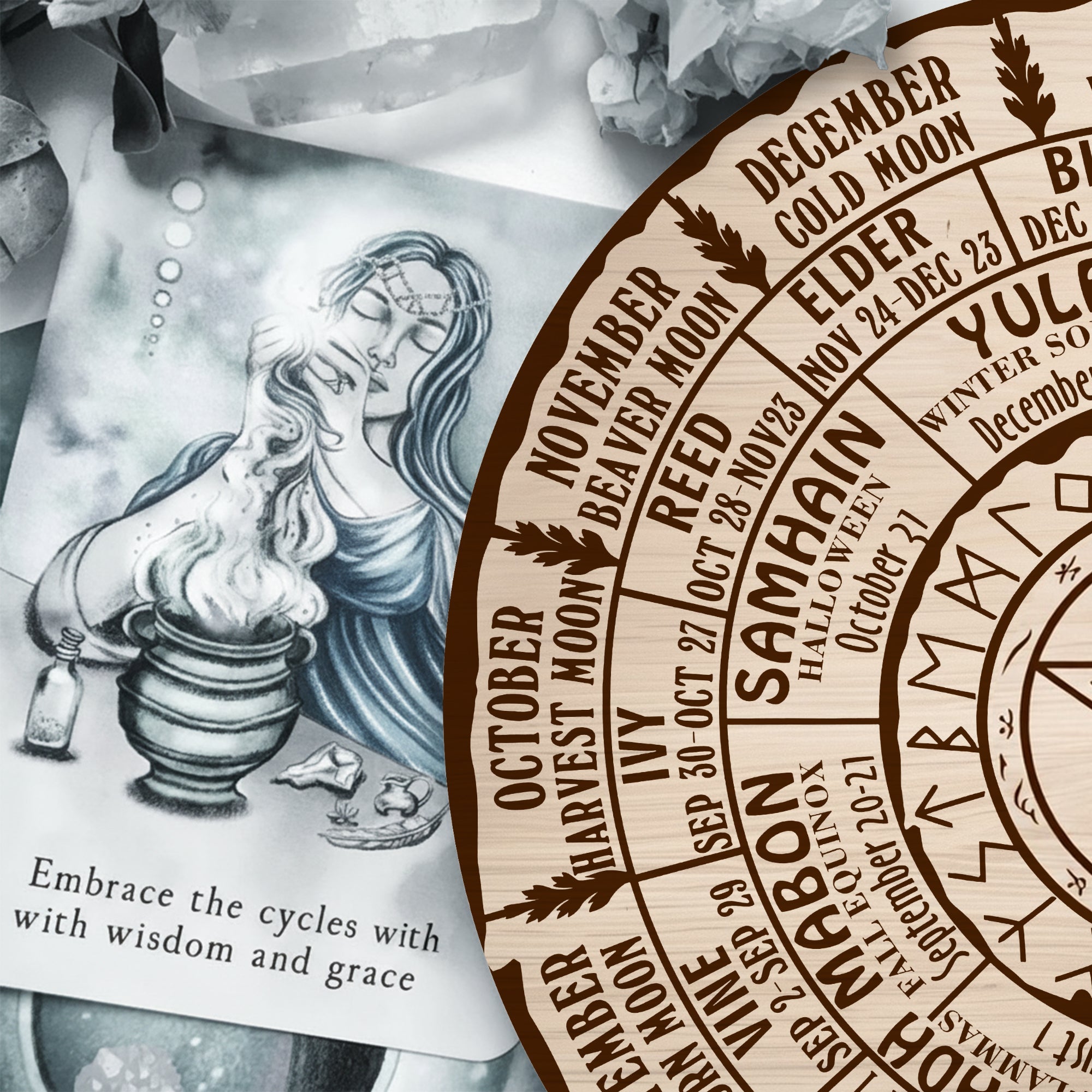 Pentagram Engraved Wheel of the Year Wooden Wiccan Art