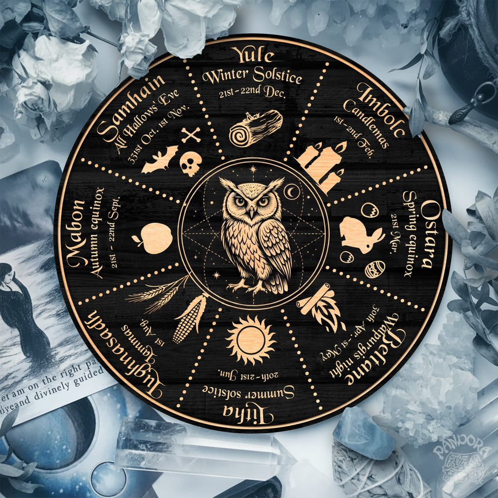 Owl Symbol Wheel of the Year Wooden Pagan Wall Decor