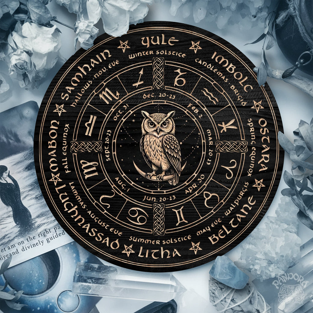 Owl Zodiac Wheel of the Year Wooden Pagan Wall Decor