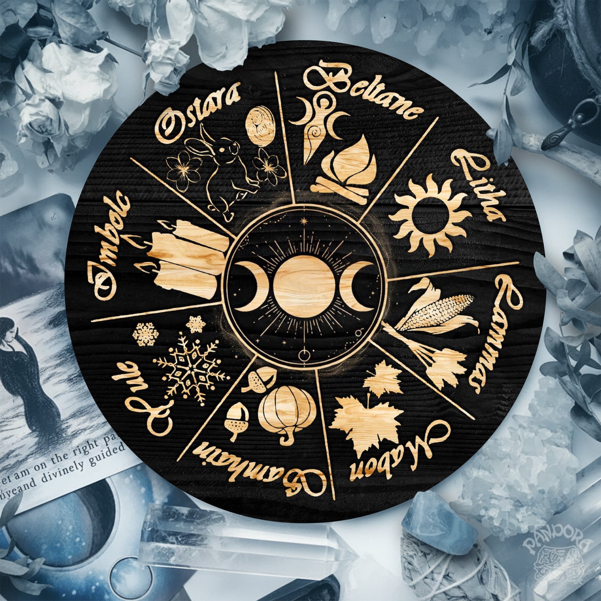 Moon Phase Seasonal Wheel of the Year Wooden Wall Art