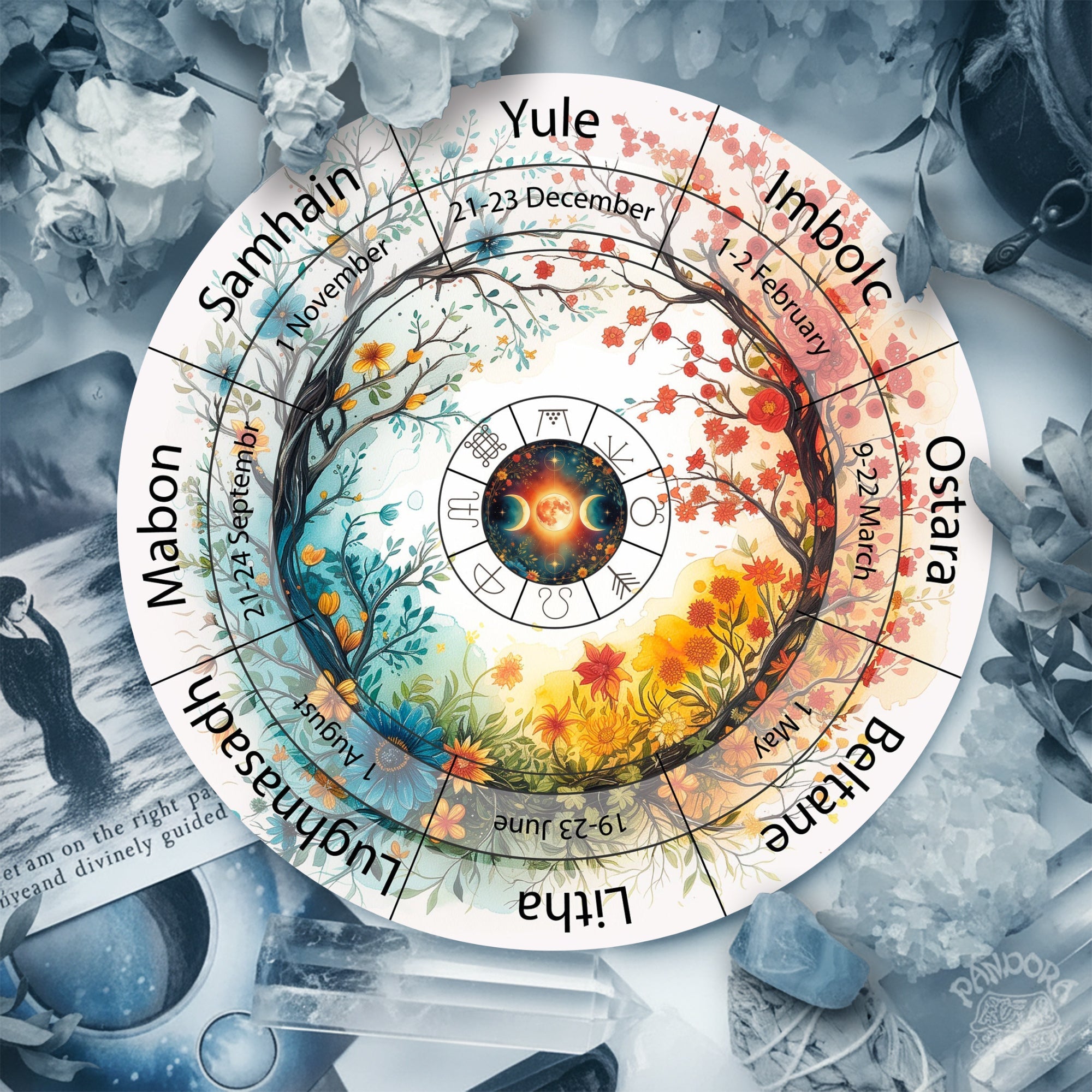 Colorful Moon Wheel of the Year Wooden Wall Art