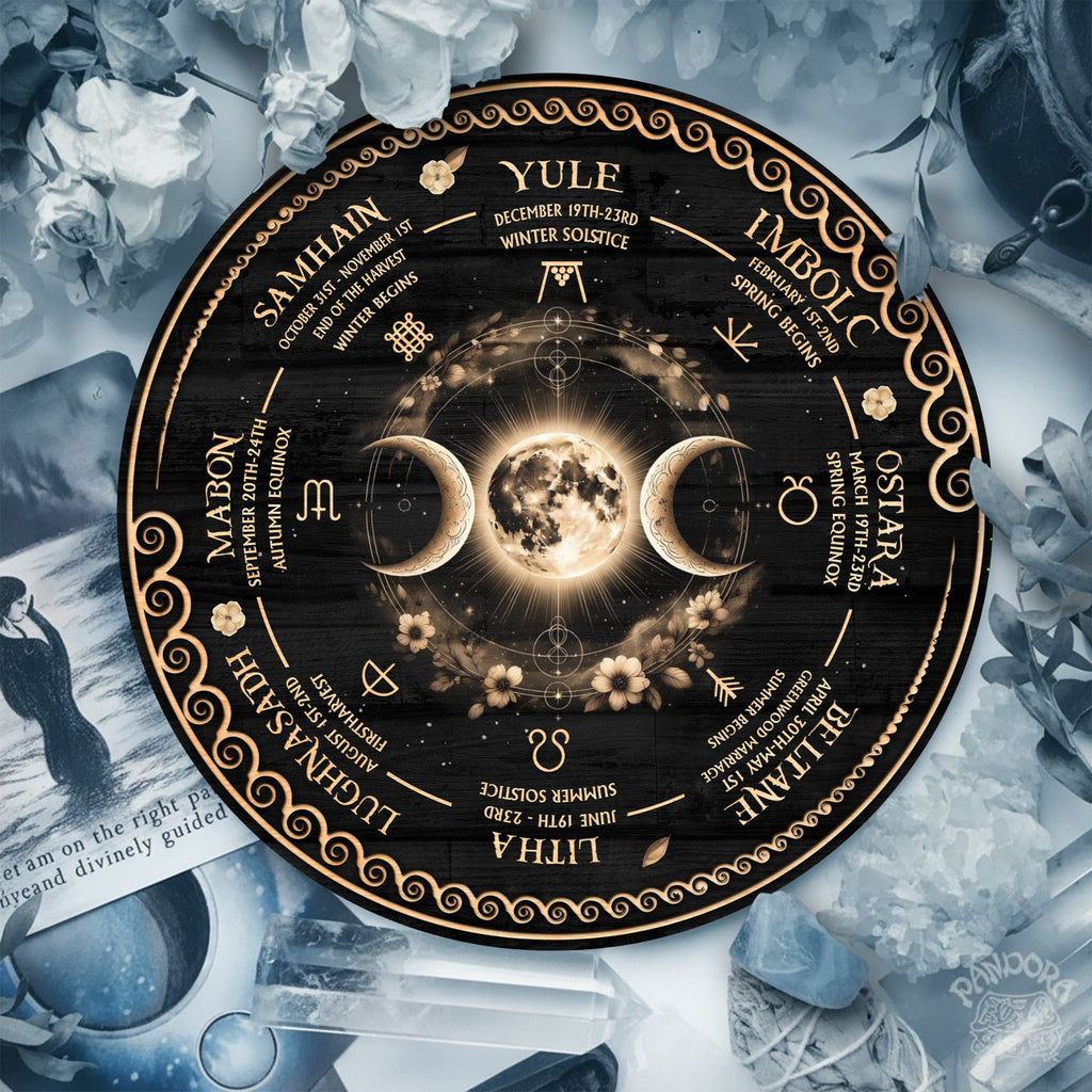 Triple Moon Wheel of the Year Wooden Pagan Wall Decor