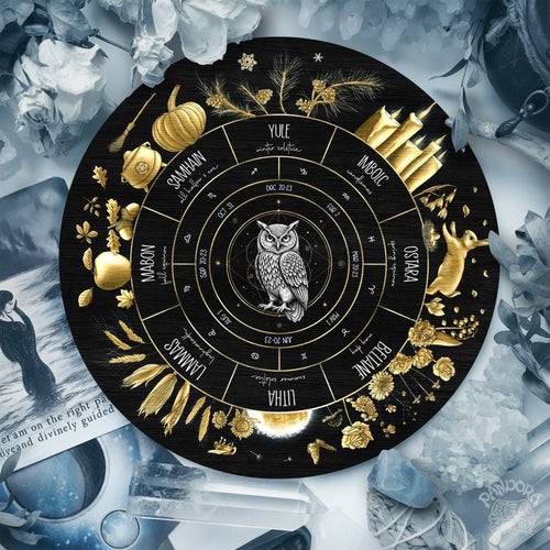 Black Gold Owl Wheel of the Year Wooden Pagan Wall Art