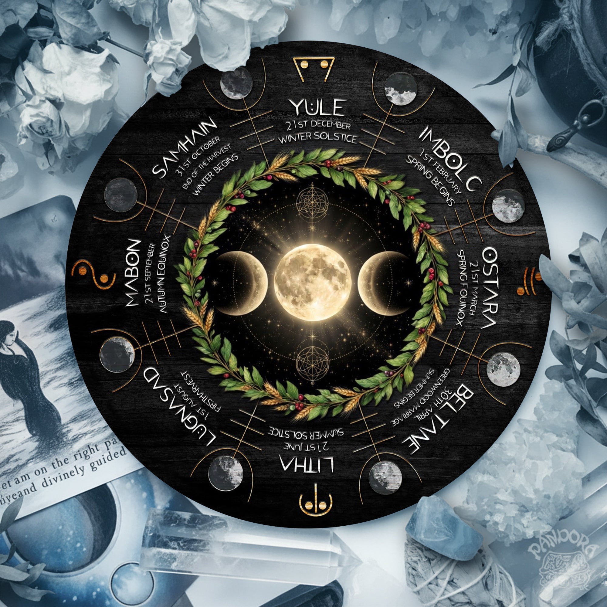 Moon Wreath Wheel of the Year Wooden Pagan Wall Decor