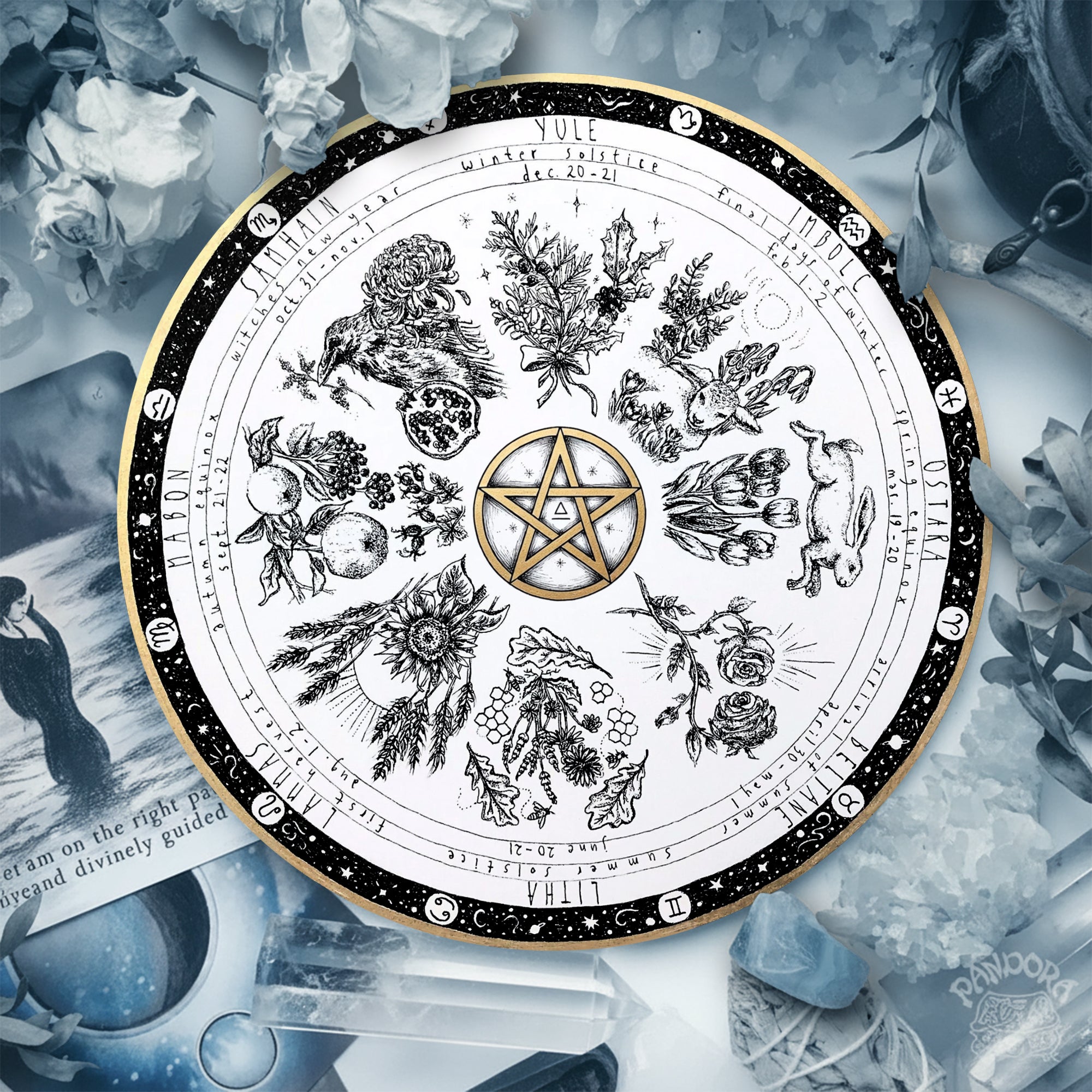 Pentagram Vintage Wheel of the Year Wooden Wiccan Art