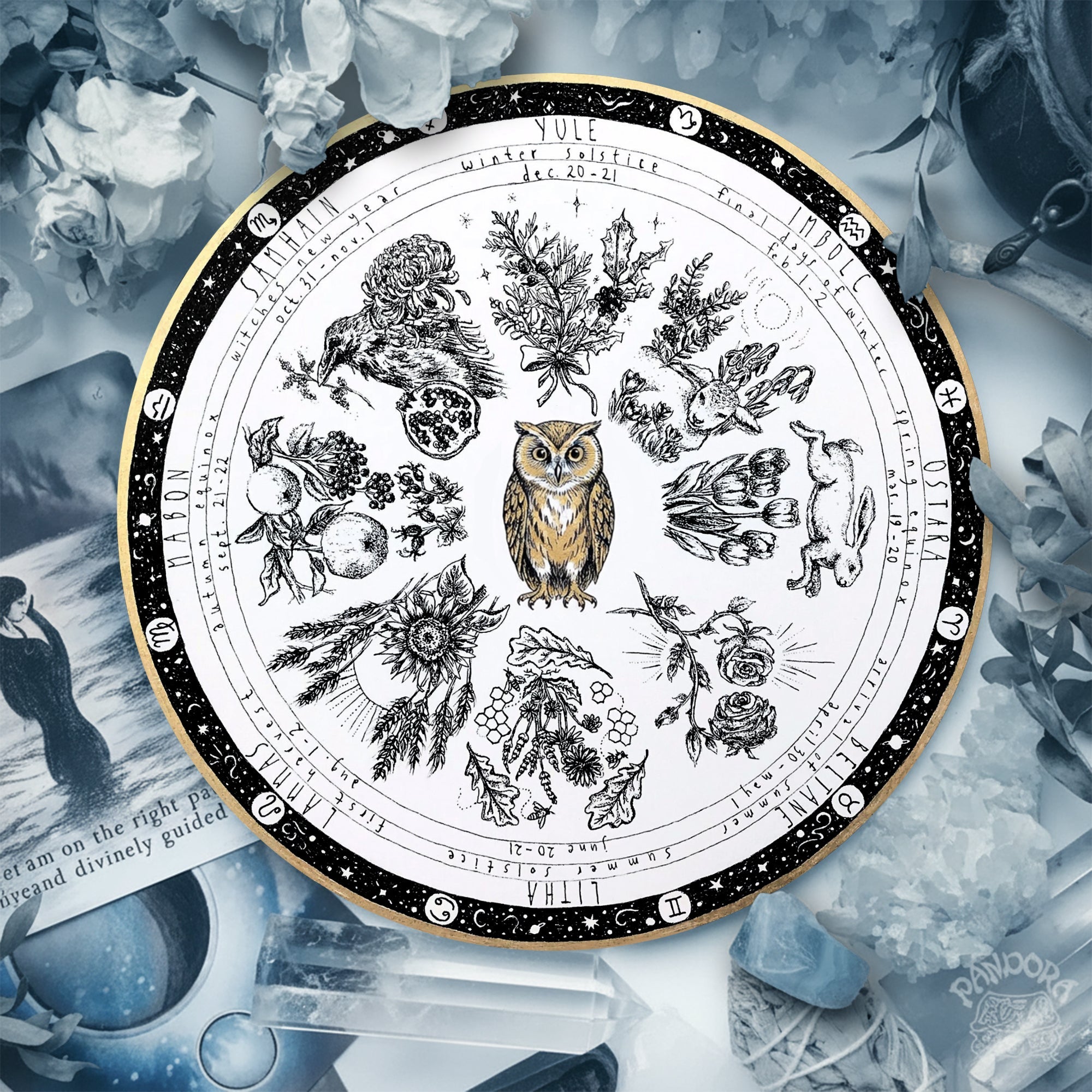 Owl Vintage Wheel of the Year Wooden Wall Art