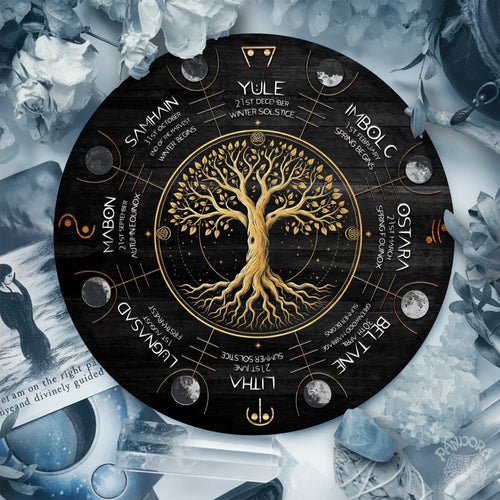 Black Gold Tree Wheel of the Year Wooden Pagan Wall Art