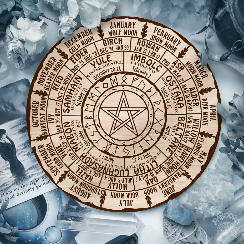 Pentagram Engraved Wheel of the Year Wooden Wiccan Art