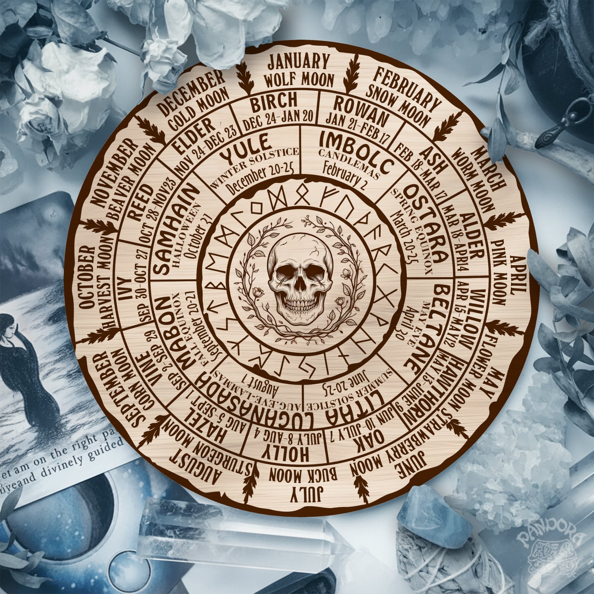 Skull Engraved Wheel of the Year Wooden Gothic Decor