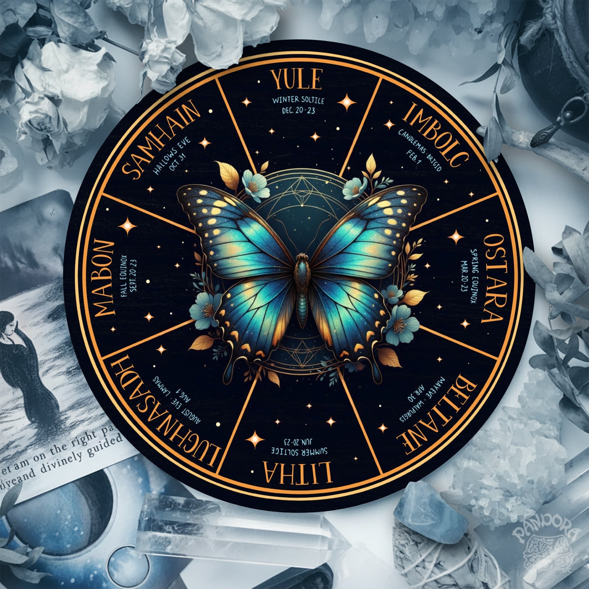 Blue Butterfly Wheel of the Year Wooden Pagan Wall Decor