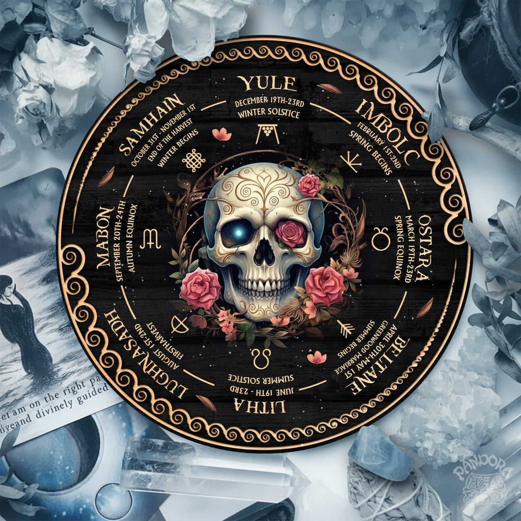 Floral Skull Wheel of the Year Wooden Gothic Wall Art
