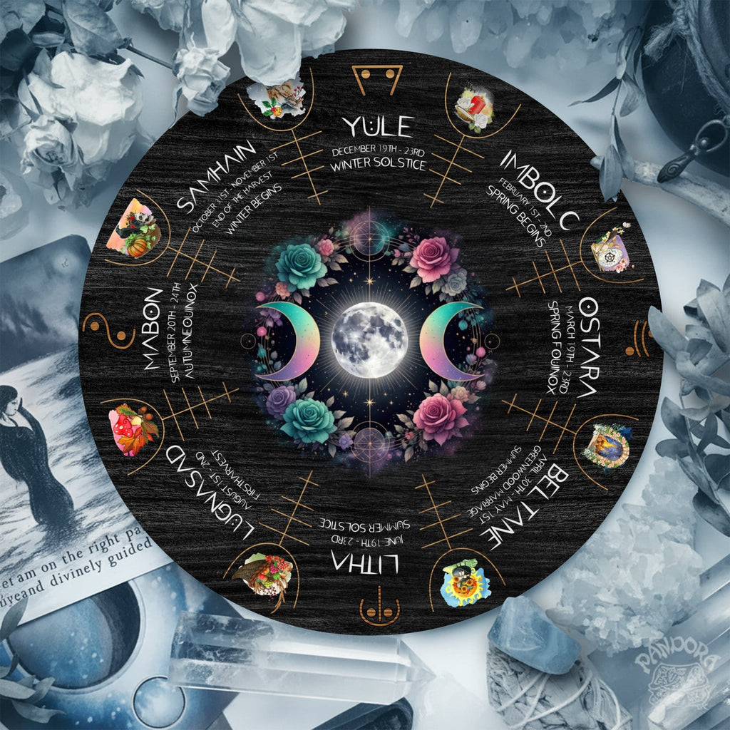 Floral Moon Wheel of the Year Wooden Pagan Wall Decor