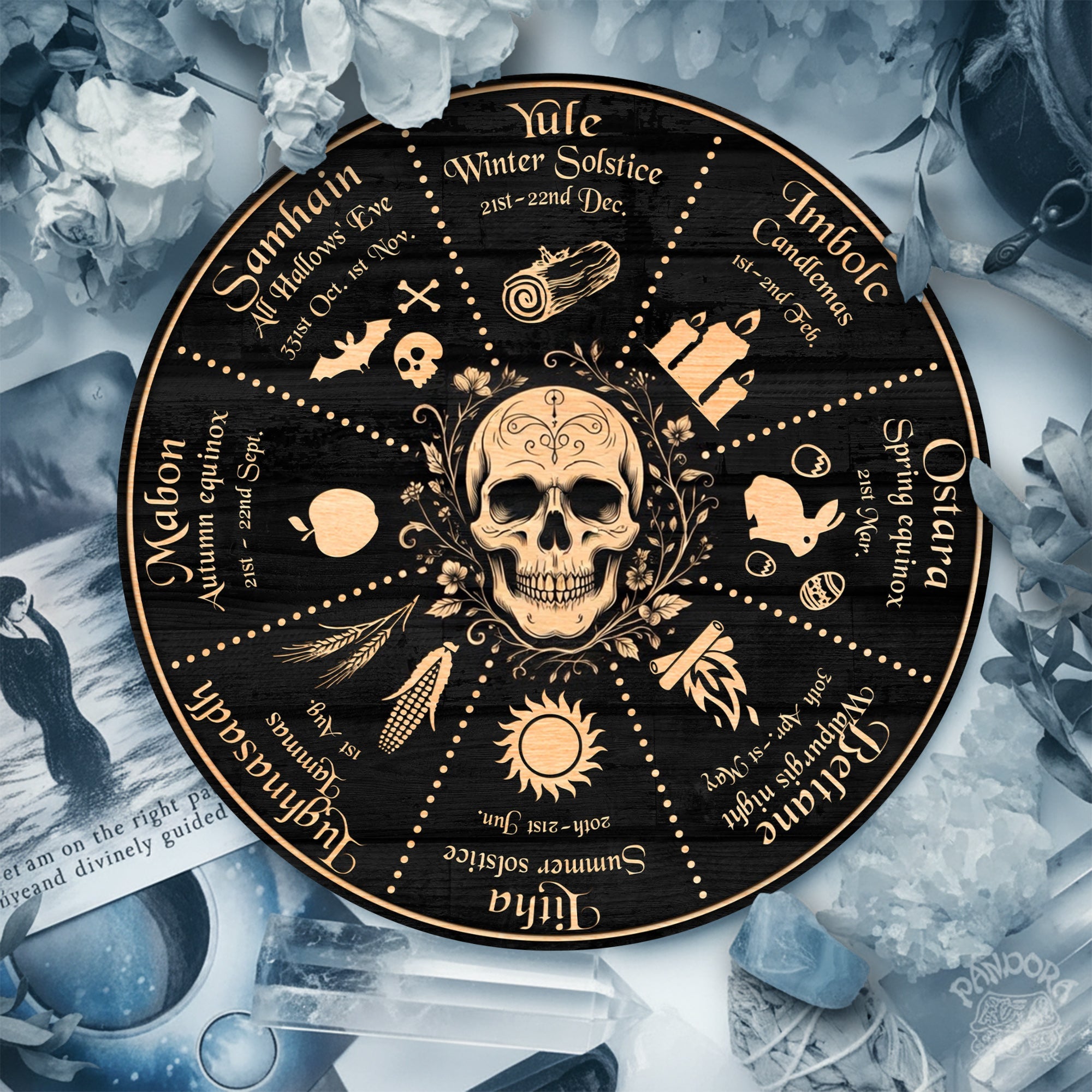 Skull Symbol Wheel of the Year Wooden Gothic Wall Art