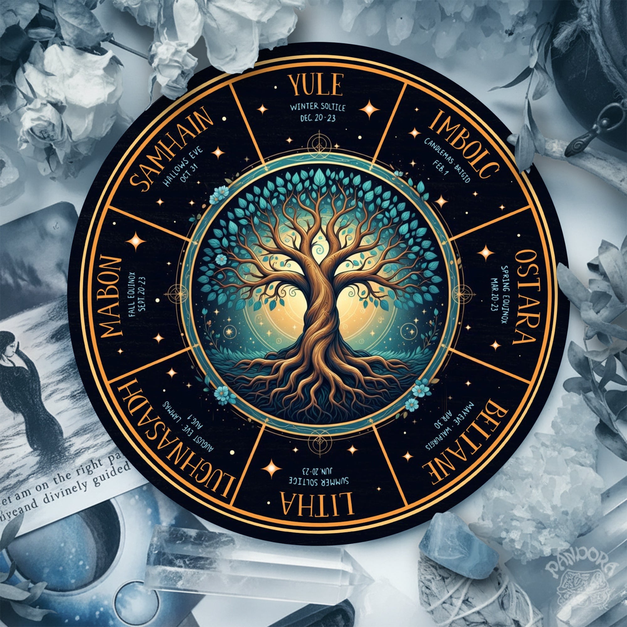 Blue Tree Wheel of the Year Wooden Pagan Wall Art