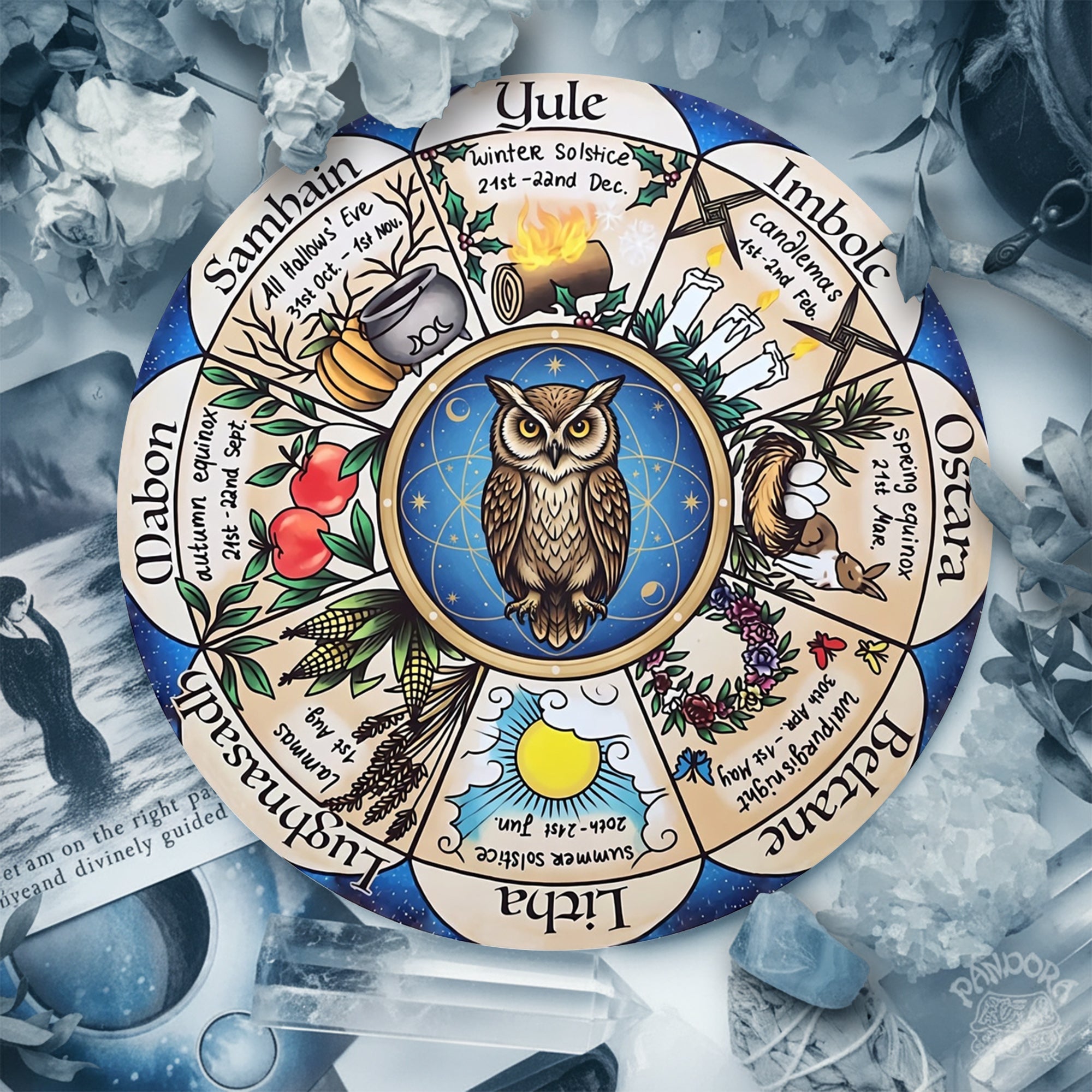 Owl Herbal Wheel of the Year Wooden Pagan Wall Decor