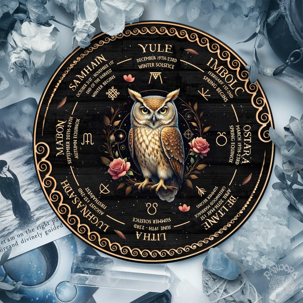 Owl Floral Wheel of the Year Wooden Pagan Wall Decor