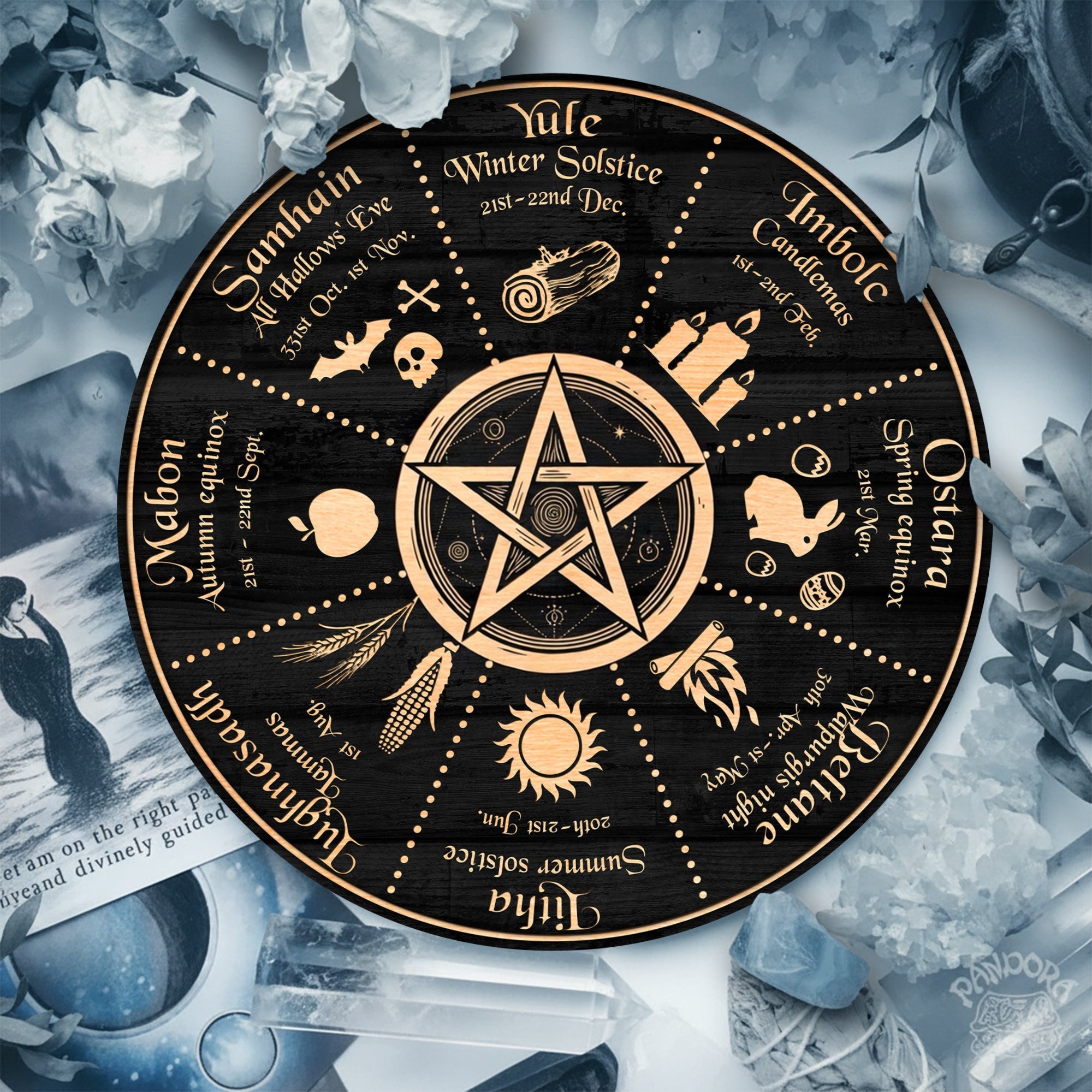 Pentagram Symbol Wheel of the Year Wooden Wiccan Decor