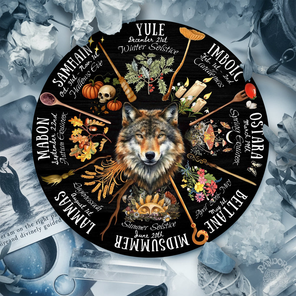 Wolf Dark Seasonal Wheel of the Year Wooden Pagan Art