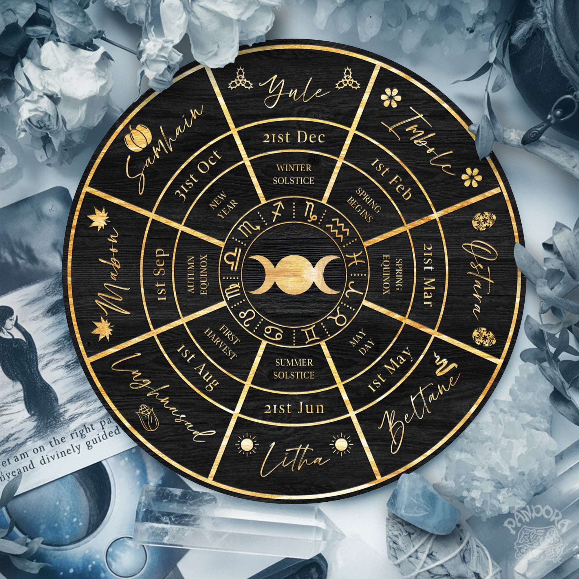 Black Gold Wheel of the Year Wooden Sabbat Wall Art