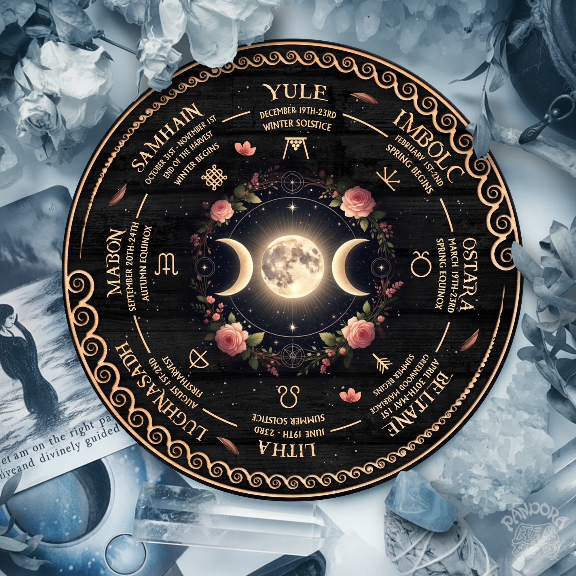 Triple Moon Floral Wheel of the Year Wooden Pagan Decor