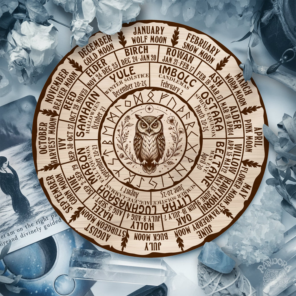 Owl Engraved Wheel of the Year Wooden Pagan Decor