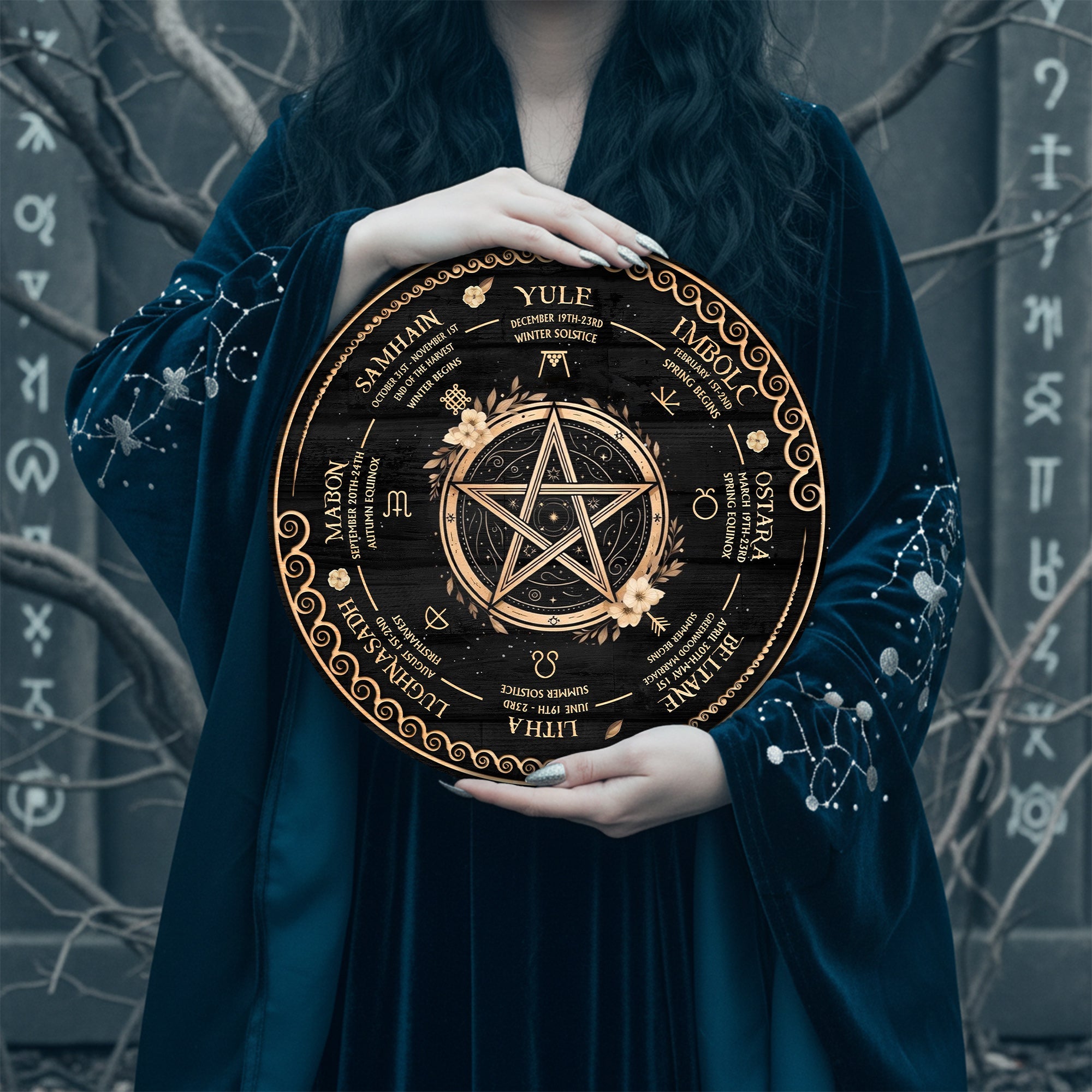 Pentagram Wheel of the Year Wooden Wiccan Wall Art