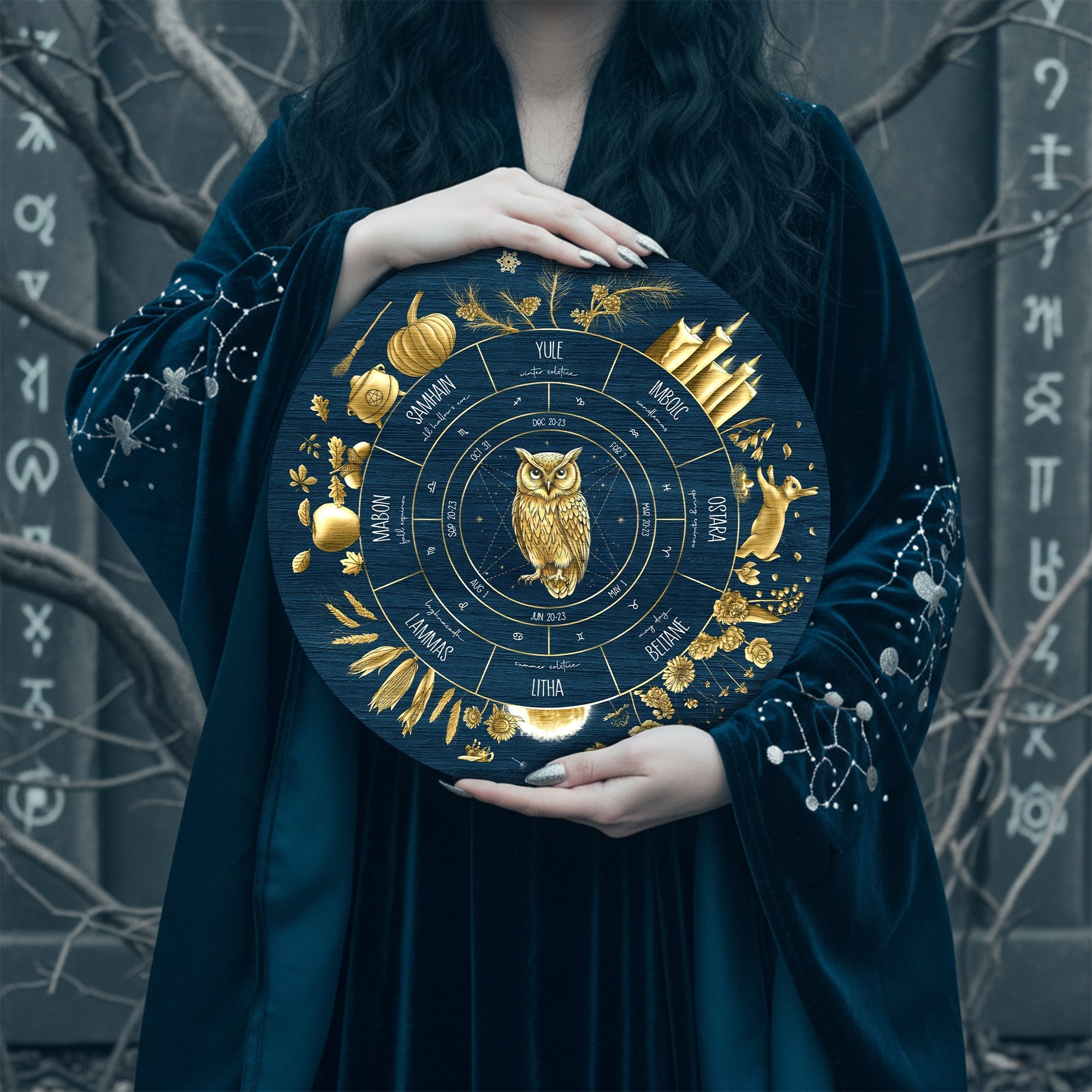 Blue Owl Wheel of the Year Wooden Pagan Wall Decor