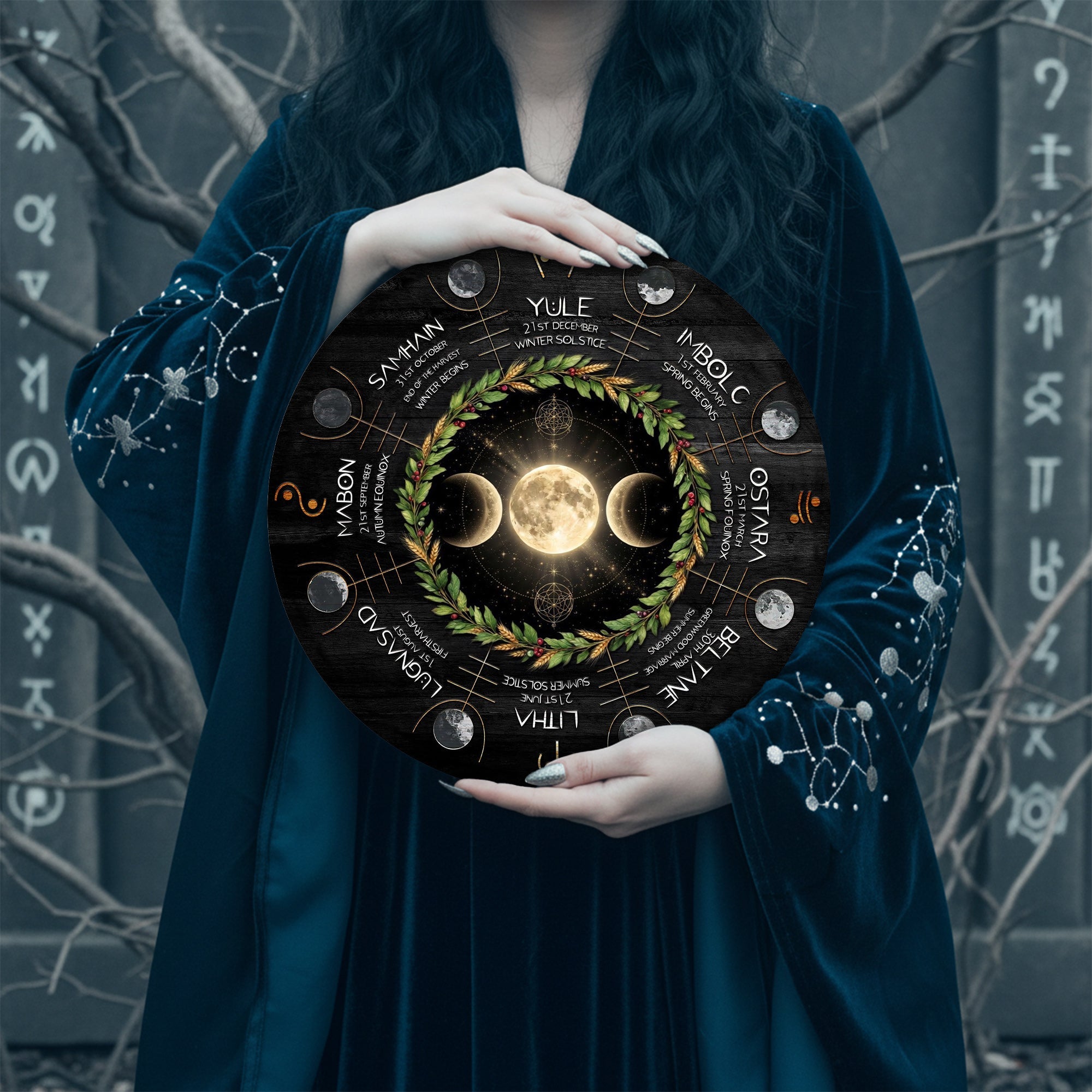 Moon Wreath Wheel of the Year Wooden Pagan Wall Decor