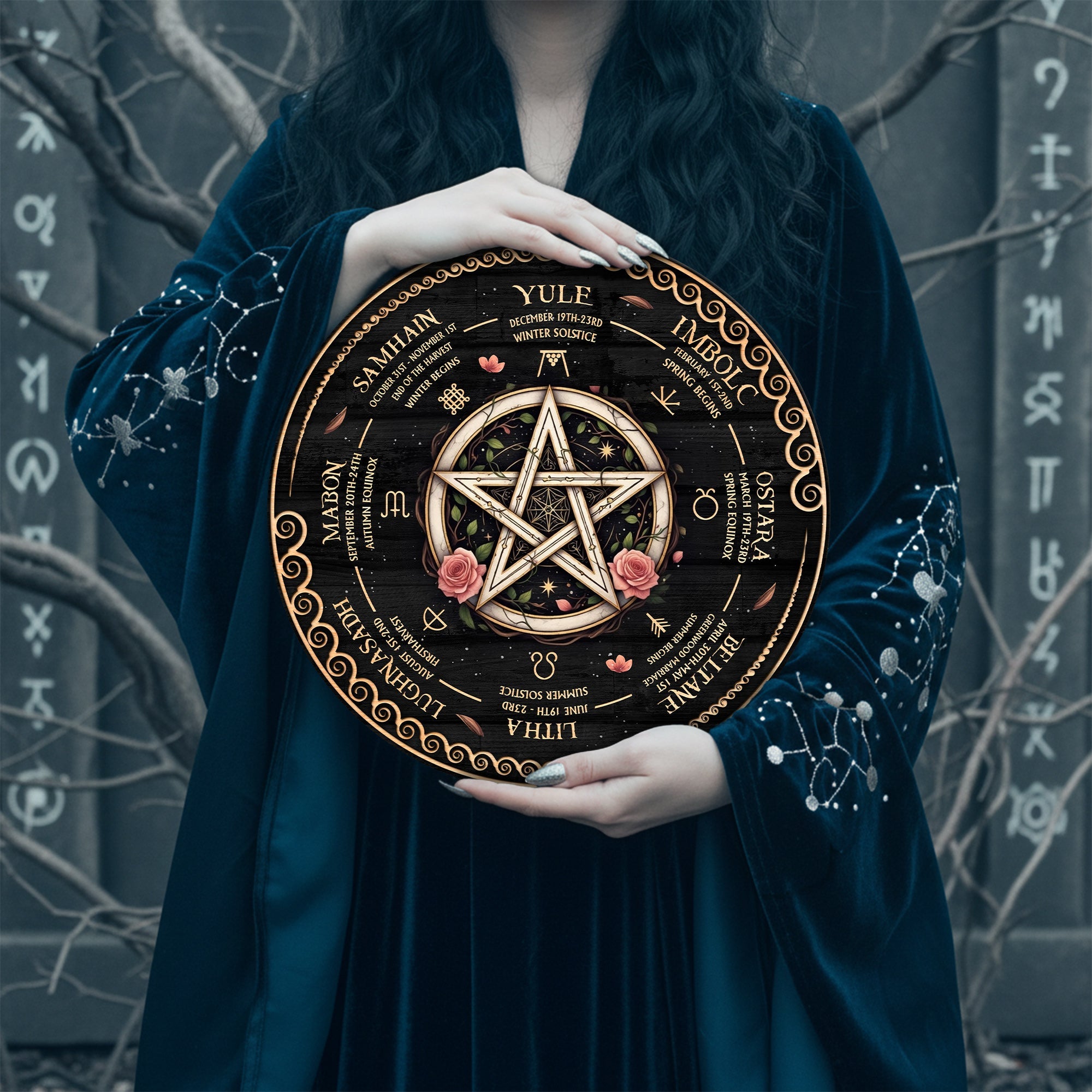 Pentagram Floral Wheel of the Year Wooden Wiccan Decor