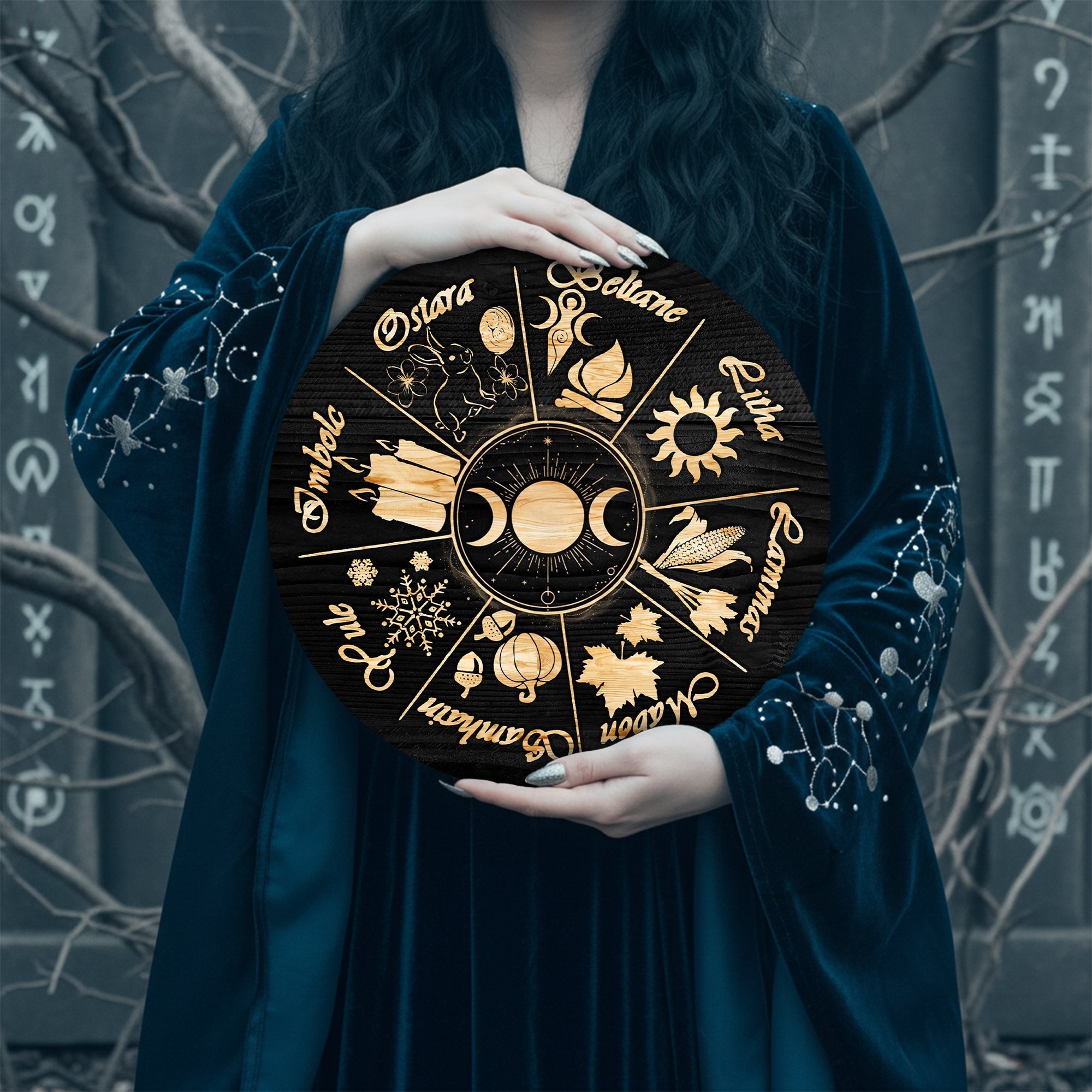 Moon Phase Seasonal Wheel of the Year Wooden Wall Art