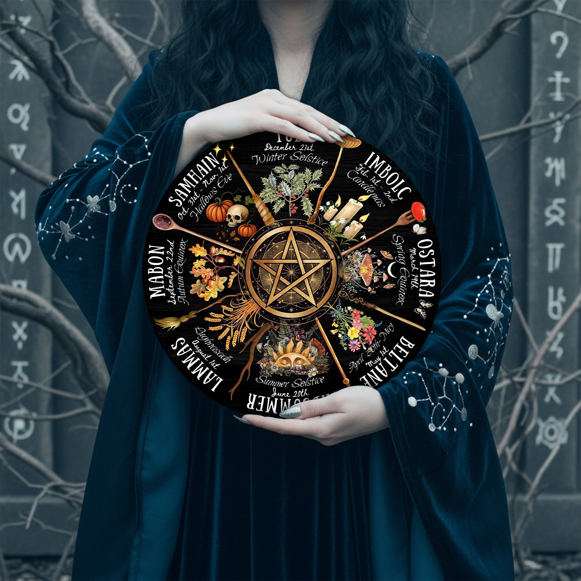 Pentagram Dark Seasonal Wheel of the Year Wooden Wiccan Art