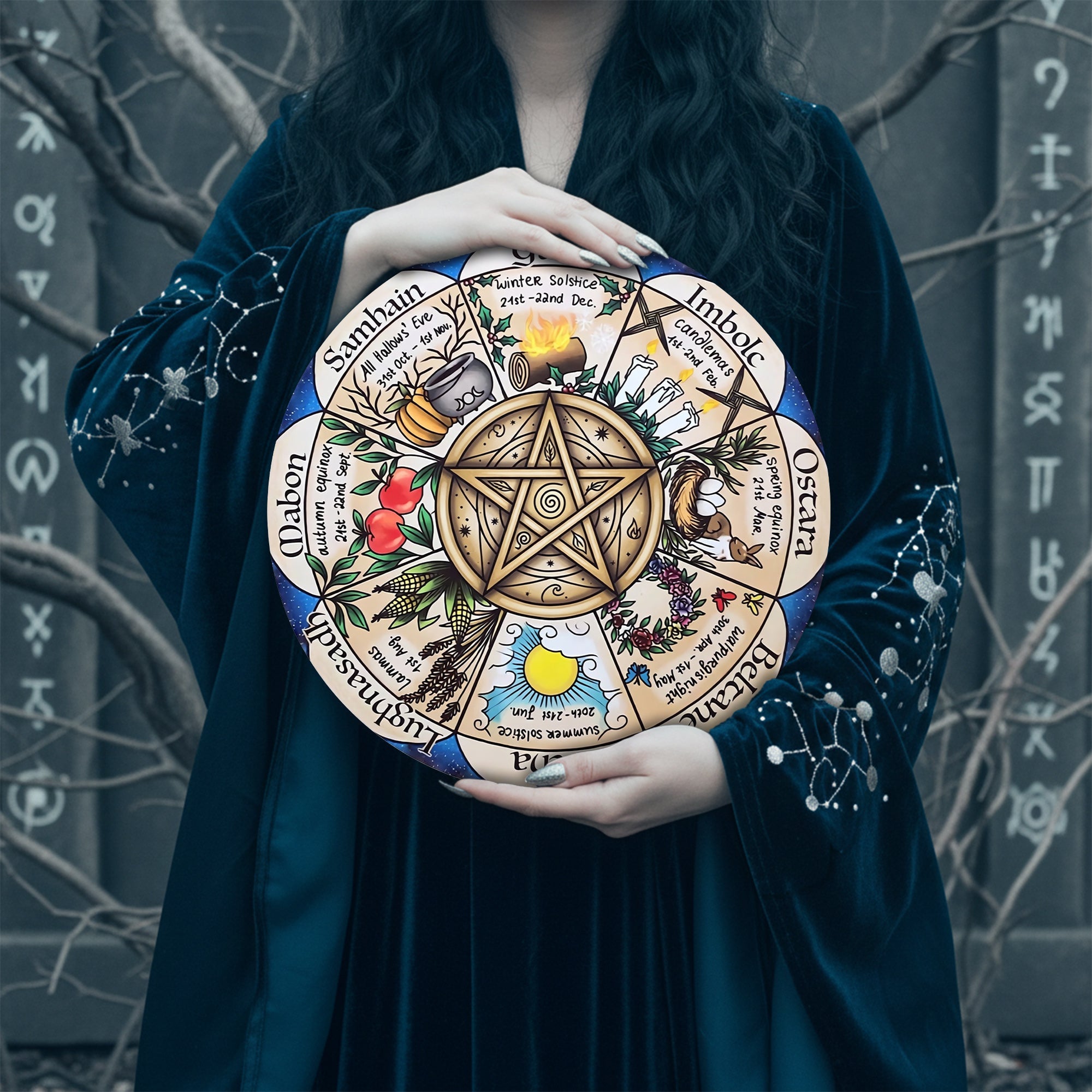 Pentagram Herbal Wheel of the Year Wooden Wiccan Wall Art