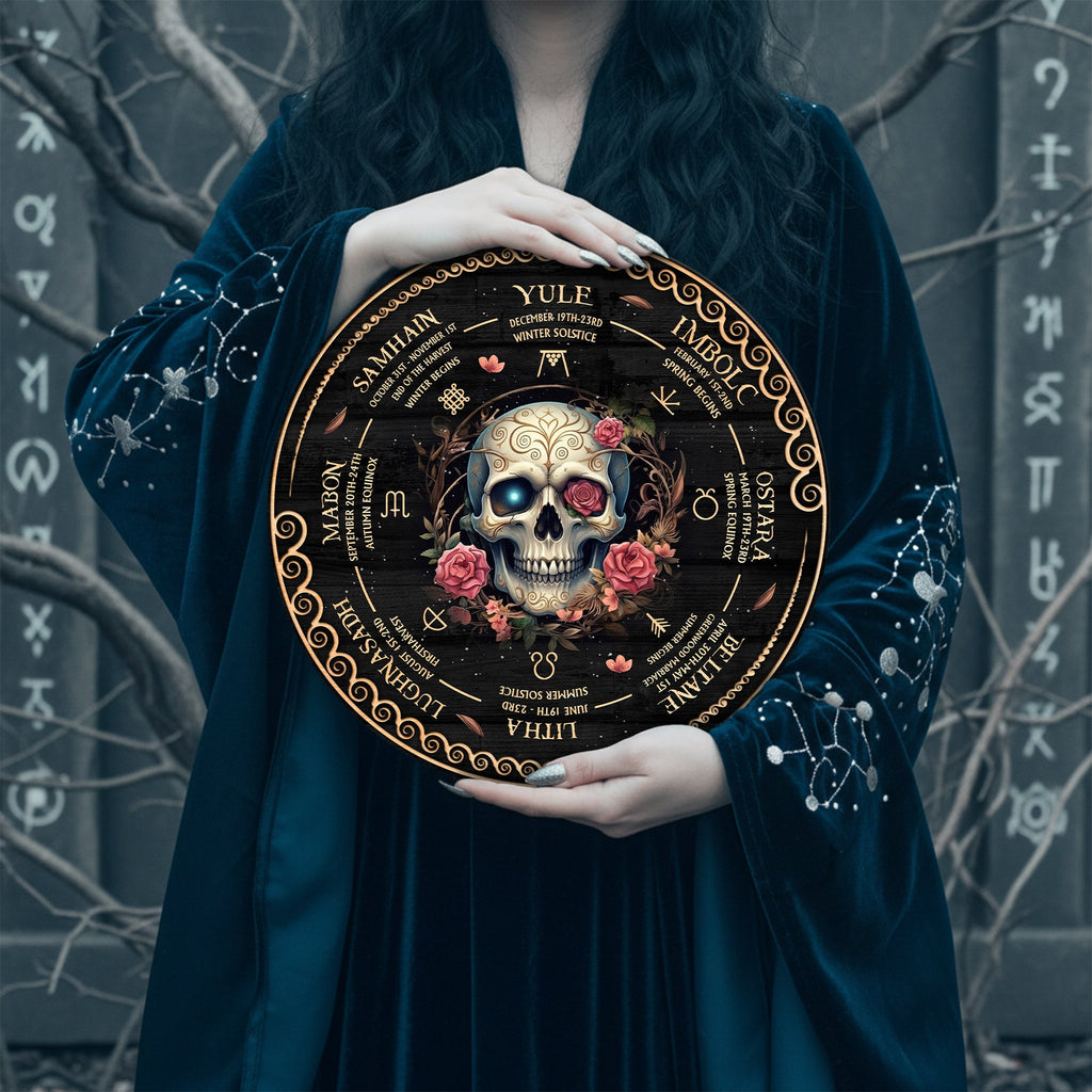 Floral Skull Wheel of the Year Wooden Gothic Wall Art