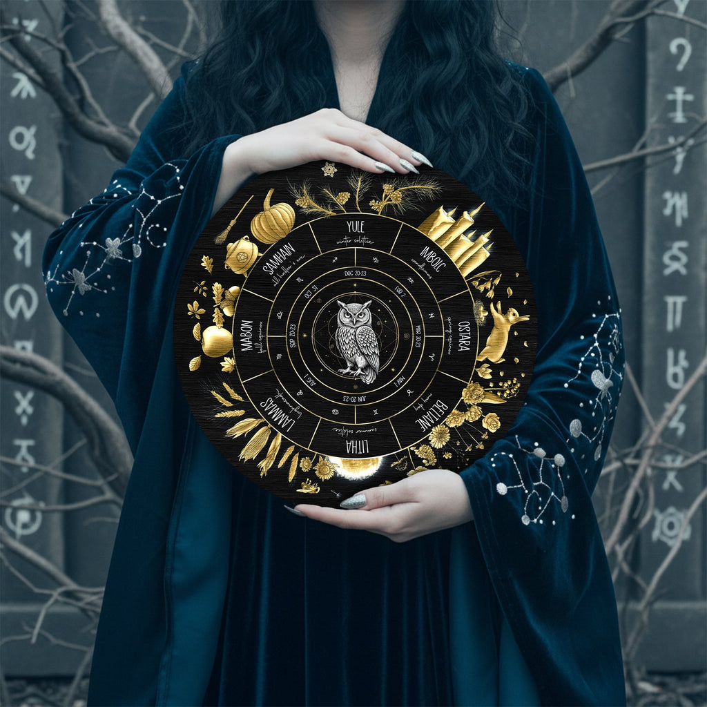 Black Gold Owl Wheel of the Year Wooden Pagan Wall Art